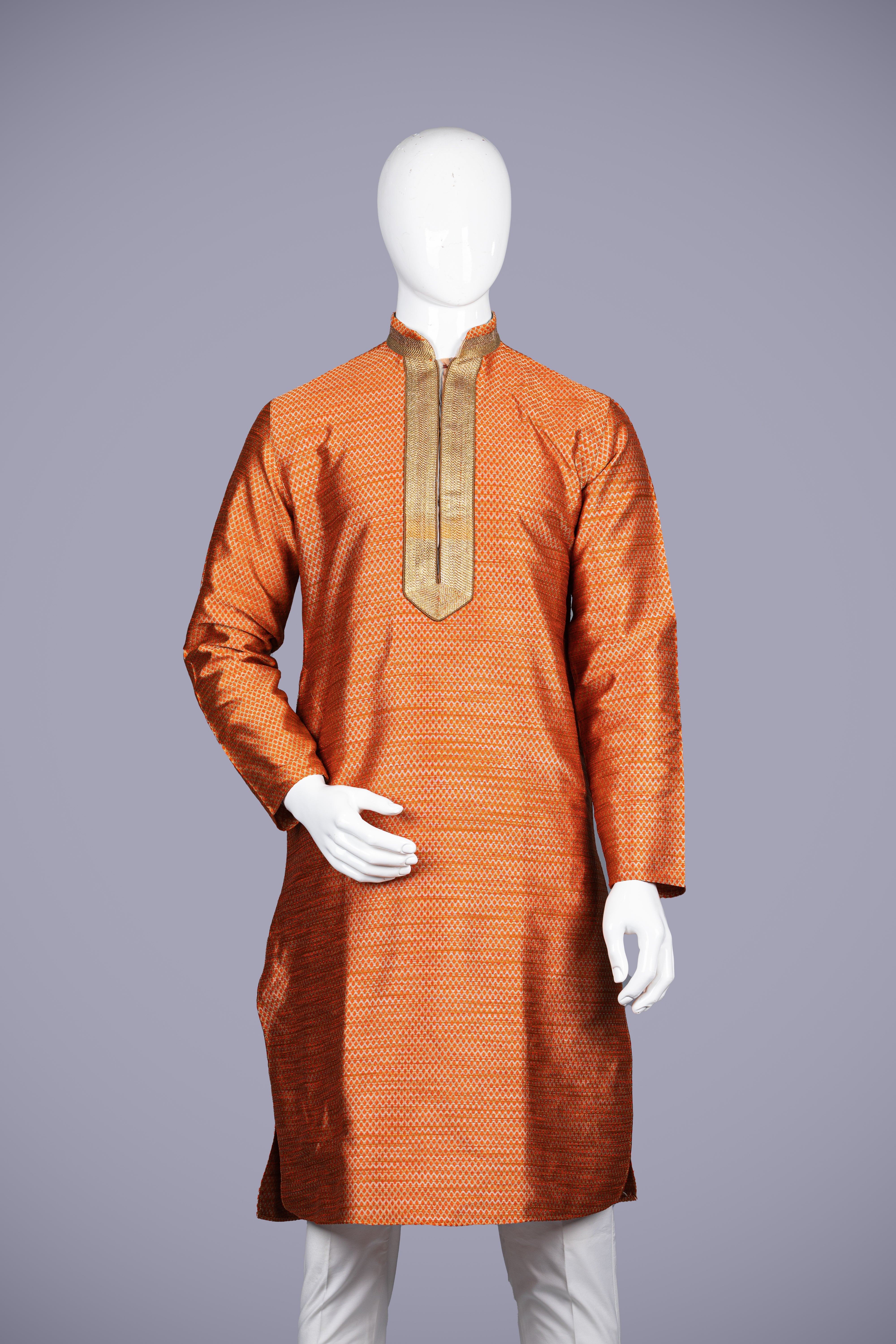 Rust Kurta Set in Brocade Silk for Men Online