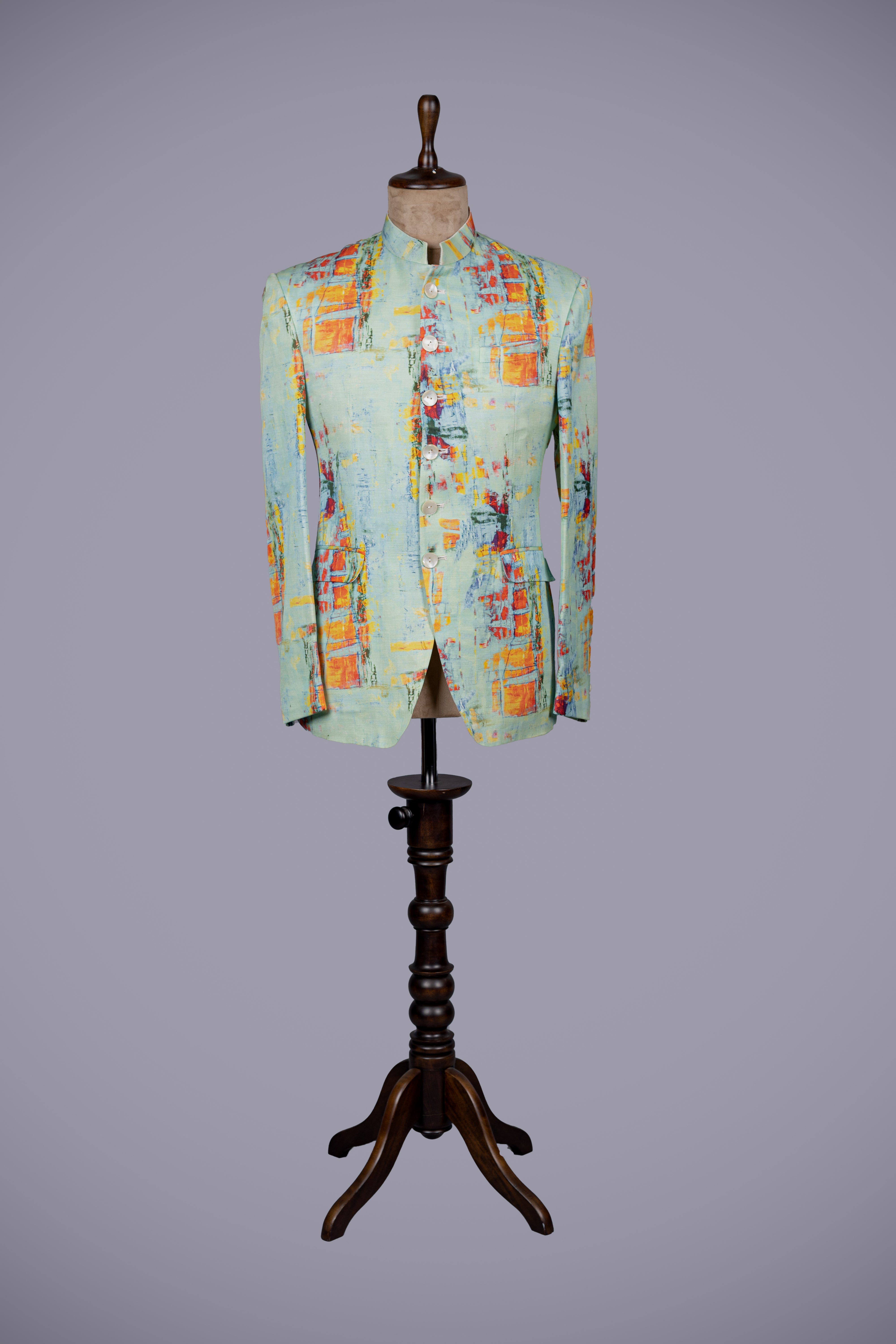 Printed Pista Green Silk Jodhpuri Jacket for Men