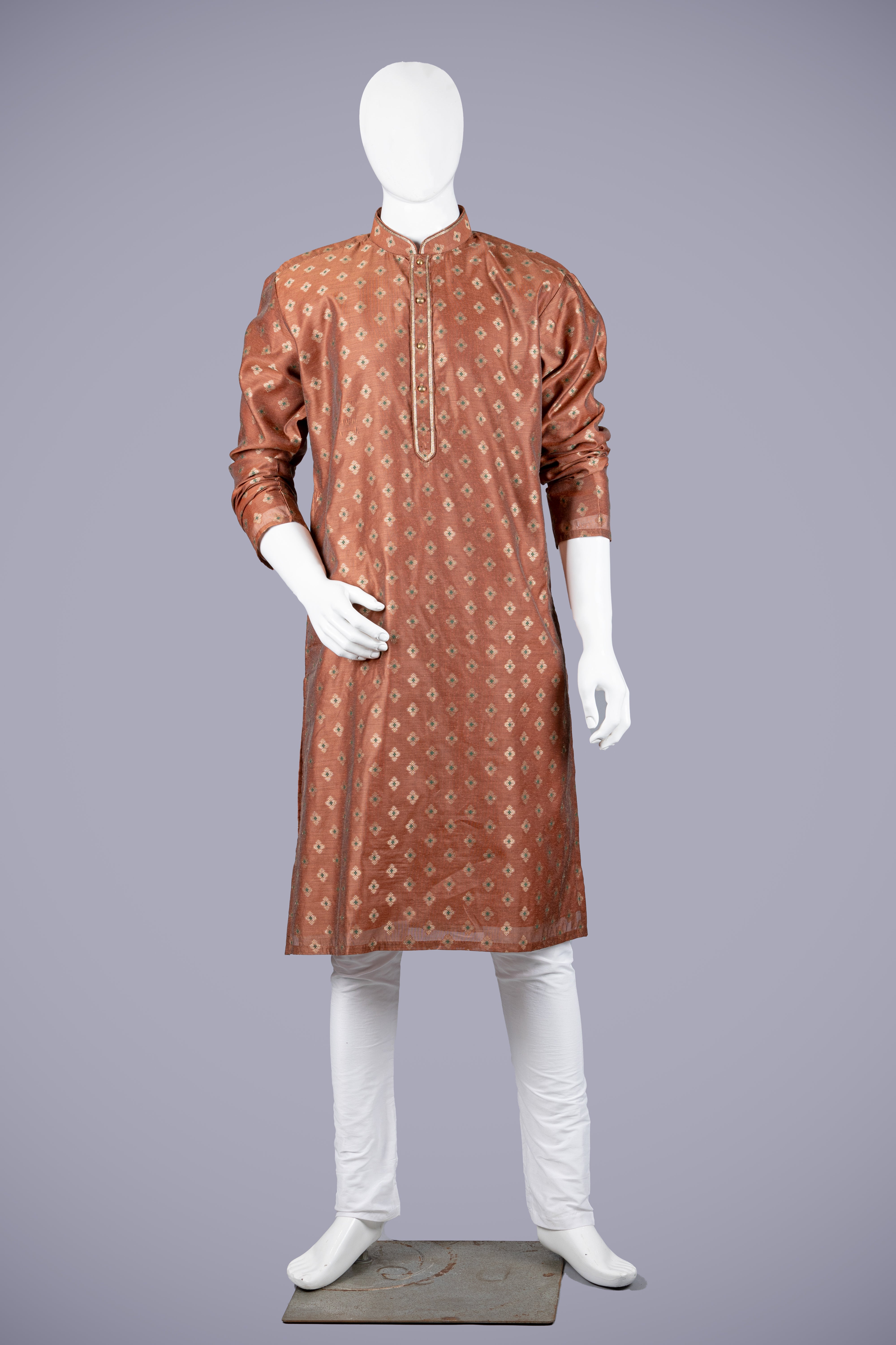 Rust Silk Brocade Kurta with Katha Work - Shreeman