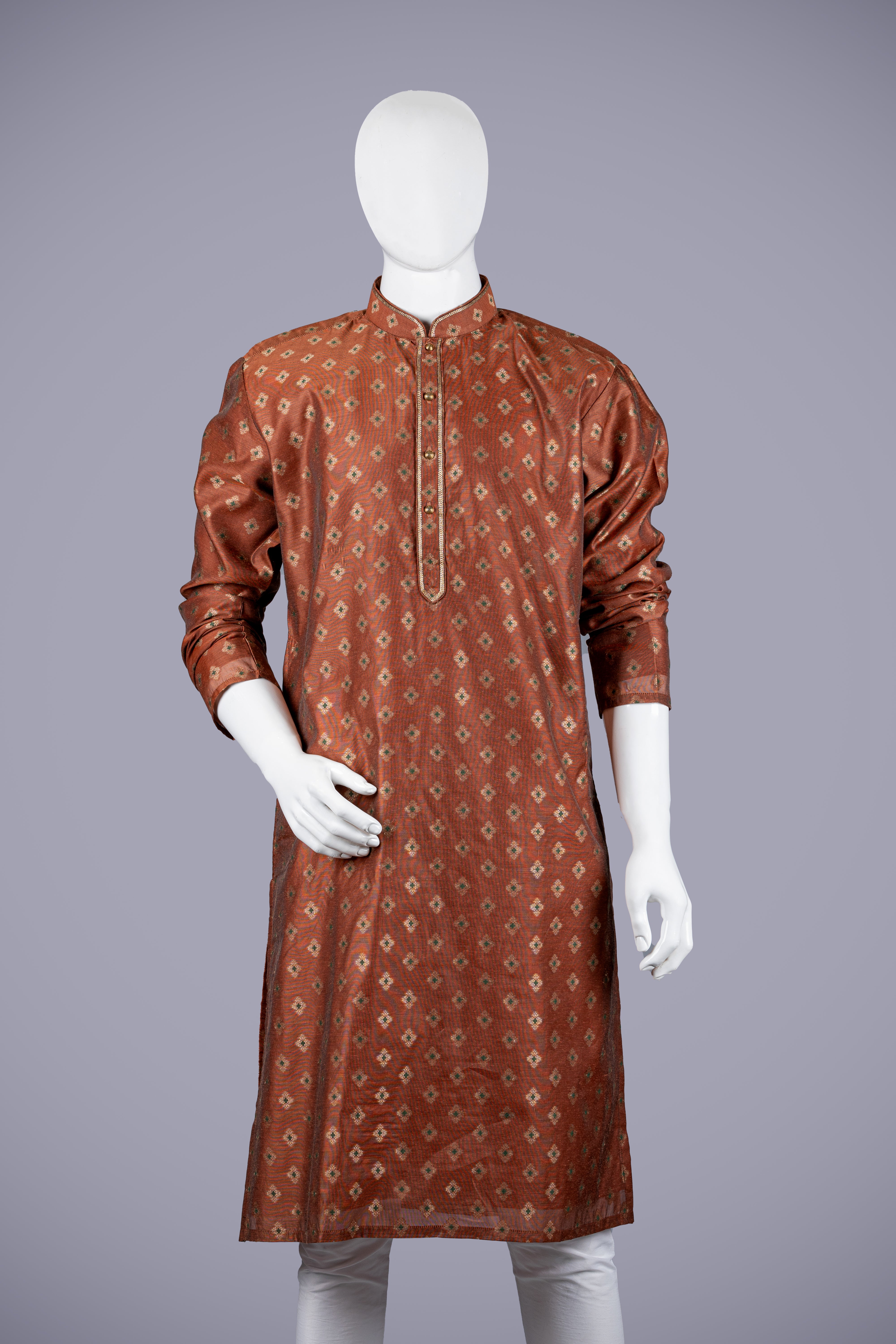 Rust Silk Brocade Kurta with Katha Work - Shreeman