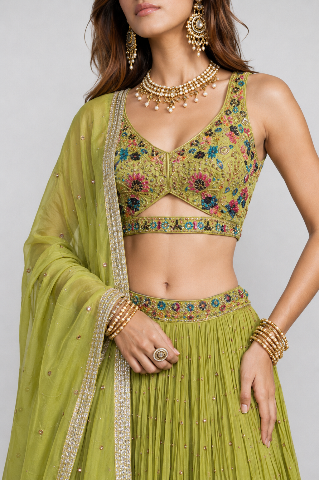 Parrot Green Soft Silk Lehenga Choli with Miral, Resham and Kardana Work