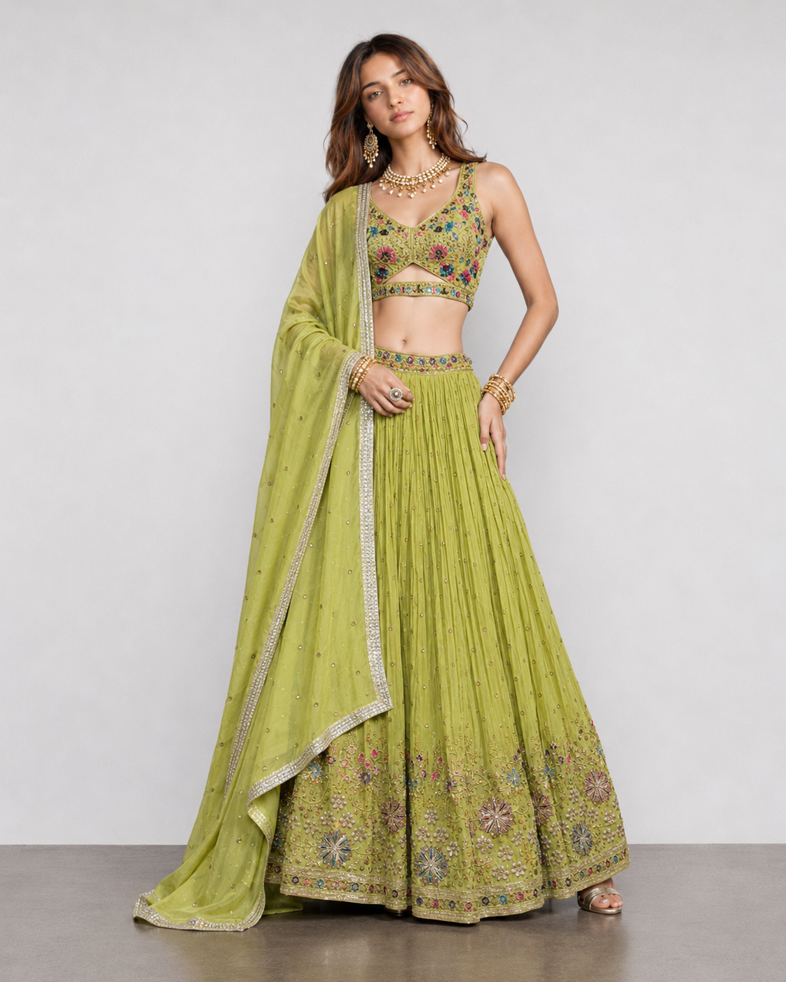 Parrot Green Soft Silk Lehenga Choli with Miral, Resham and Kardana Work
