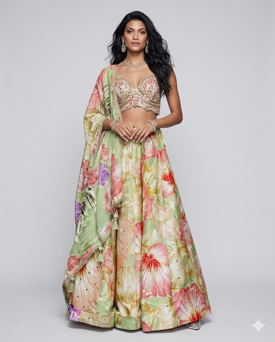 Parrot Green Tapeta Silk Choli with Mirror Moti Resham Sequins Kardana and Floral Print