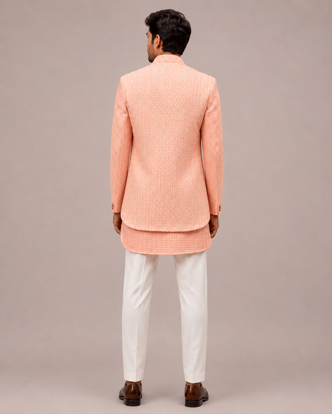 Peach Emboss Silk Indo Western for Men with Lakhnavi Work