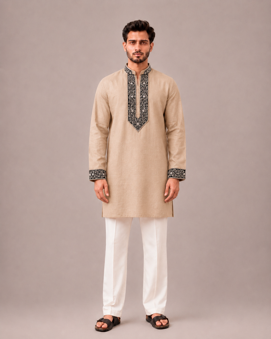 Peach Linen Fabric Kurta Top with Machine Work