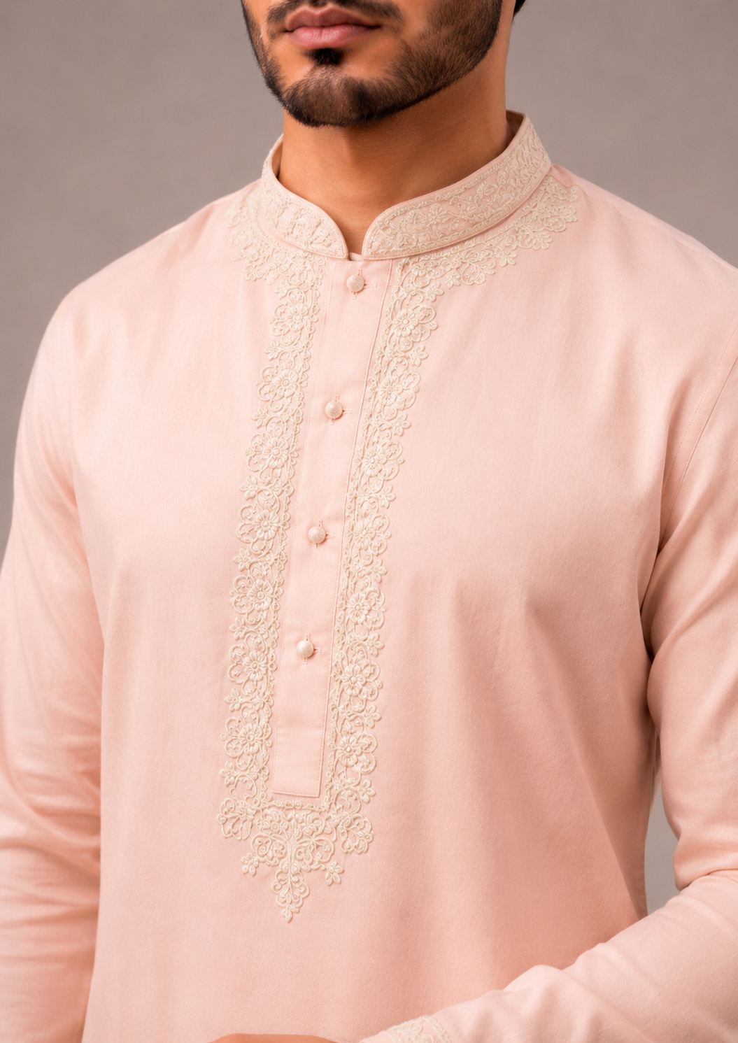 Peach Linen Kurta Set with Hand Embroidery Work