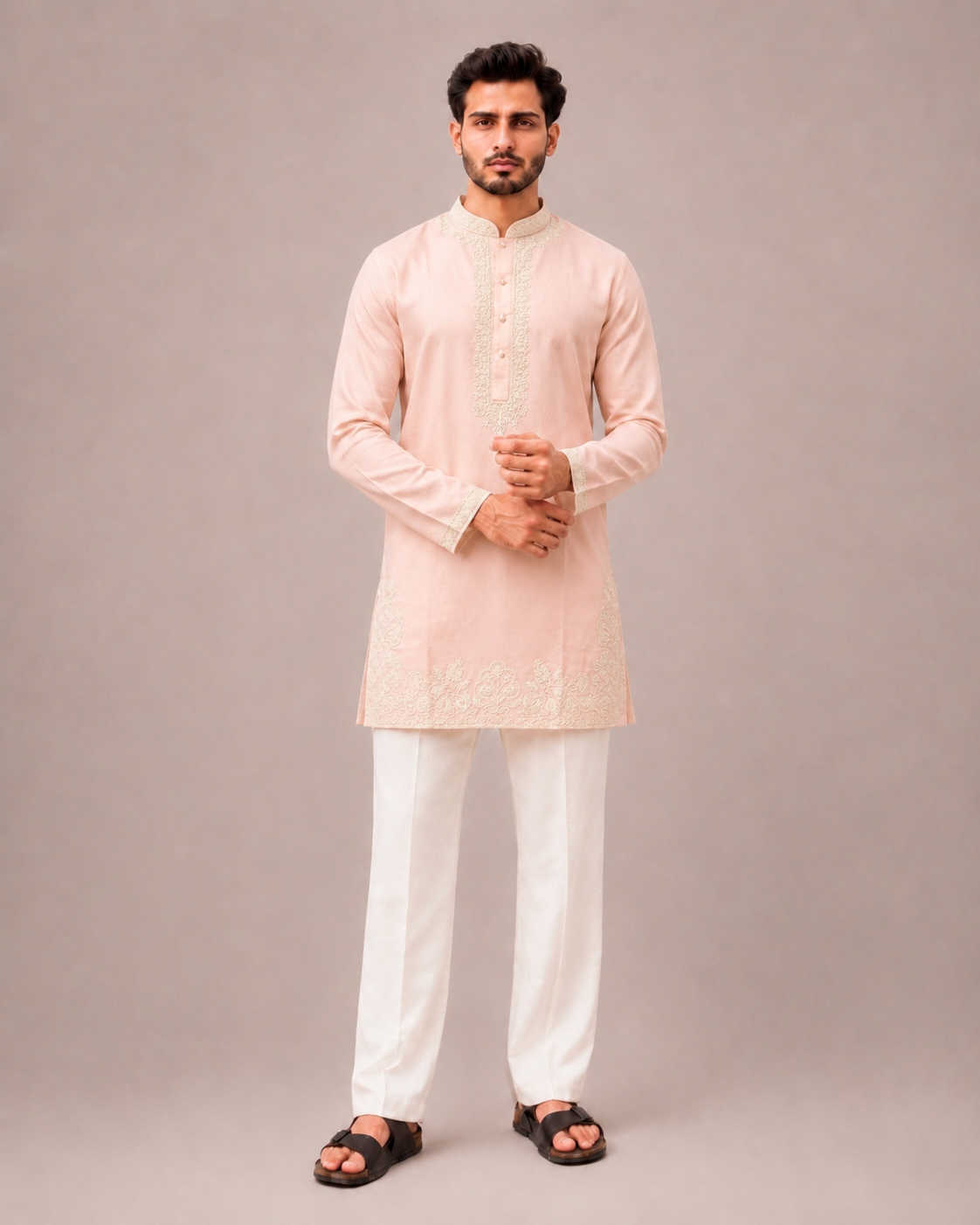 Peach Linen Kurta Set with Hand Embroidery Work