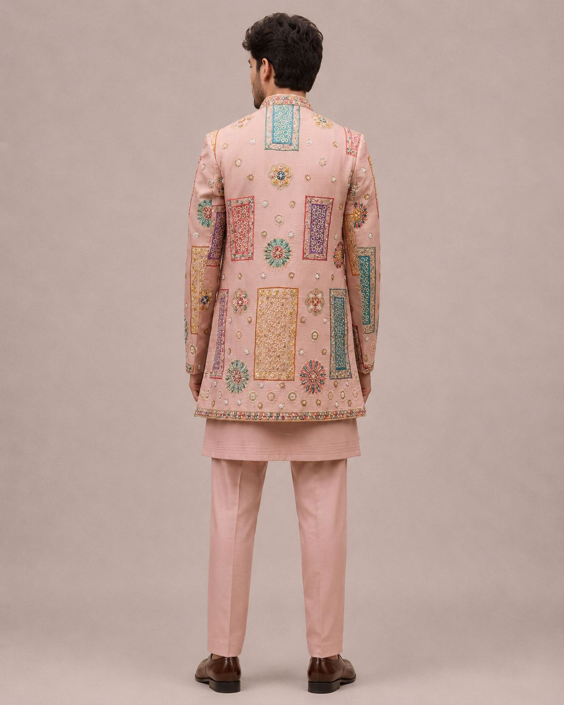 Peach Silk Indo Western for Women with Hand Print and Hand Work