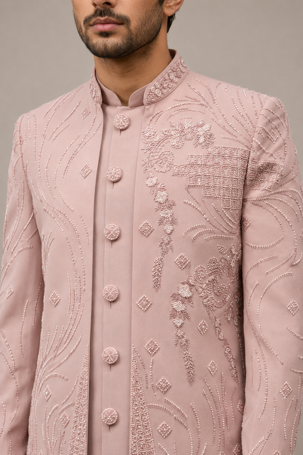 Pink Imported Fabric Indo Western for Men with Cutdana and Hand Work
