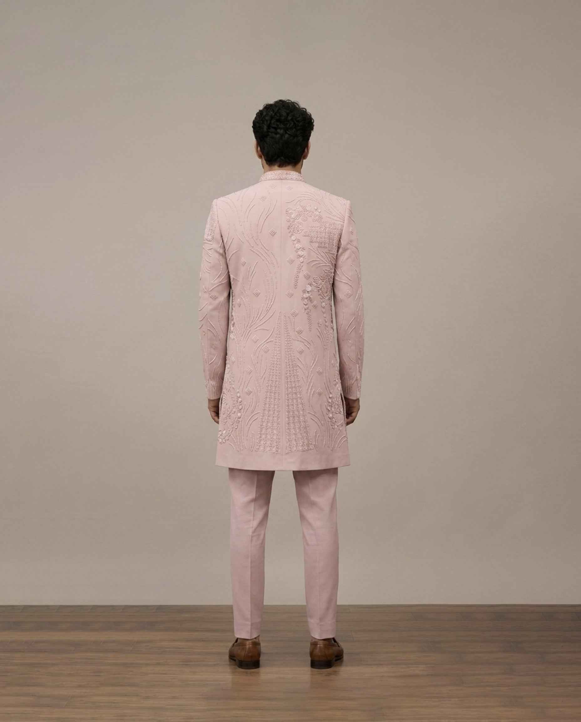 Pink Imported Fabric Indo Western for Men with Cutdana and Hand Work