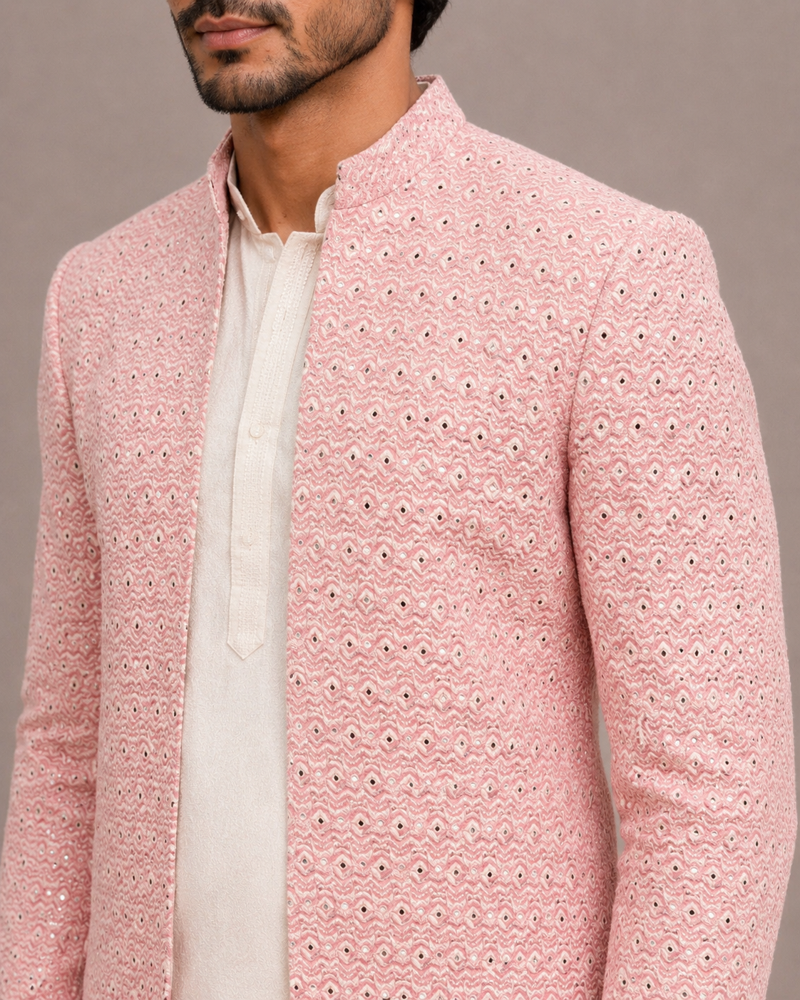 Pink Lakhnavi Jodhpuri Suit for Men with Lakhnavi Mirror Work