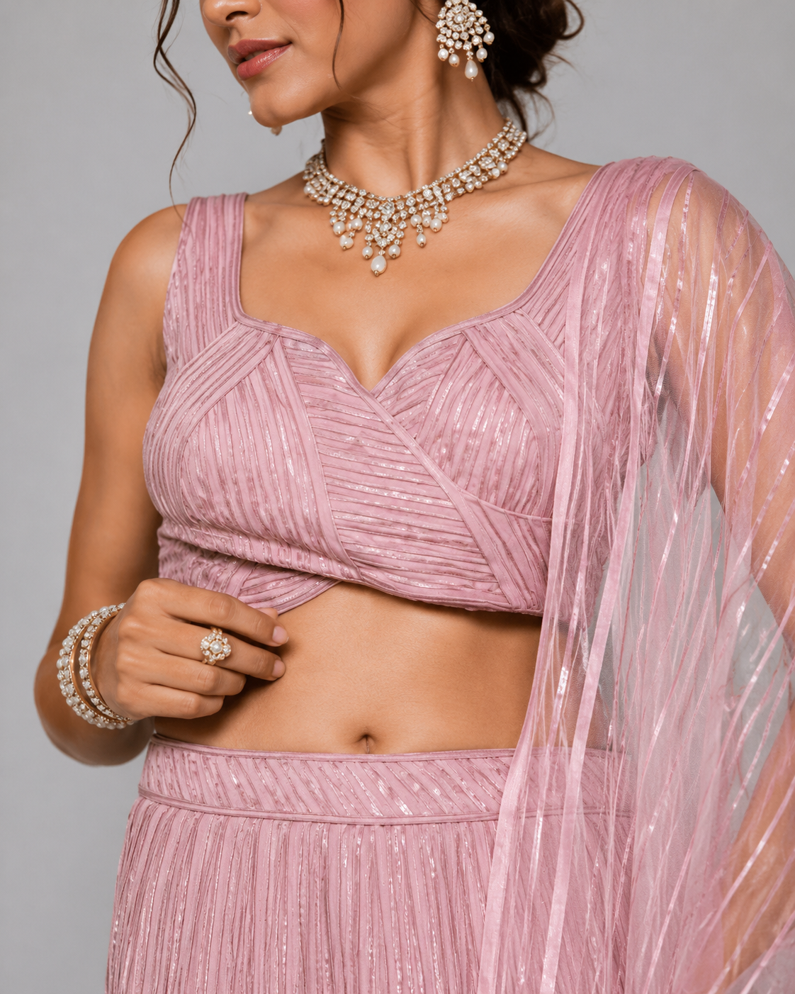 Pink Orgenja with Tisu Lehenga Choli with Leather Work