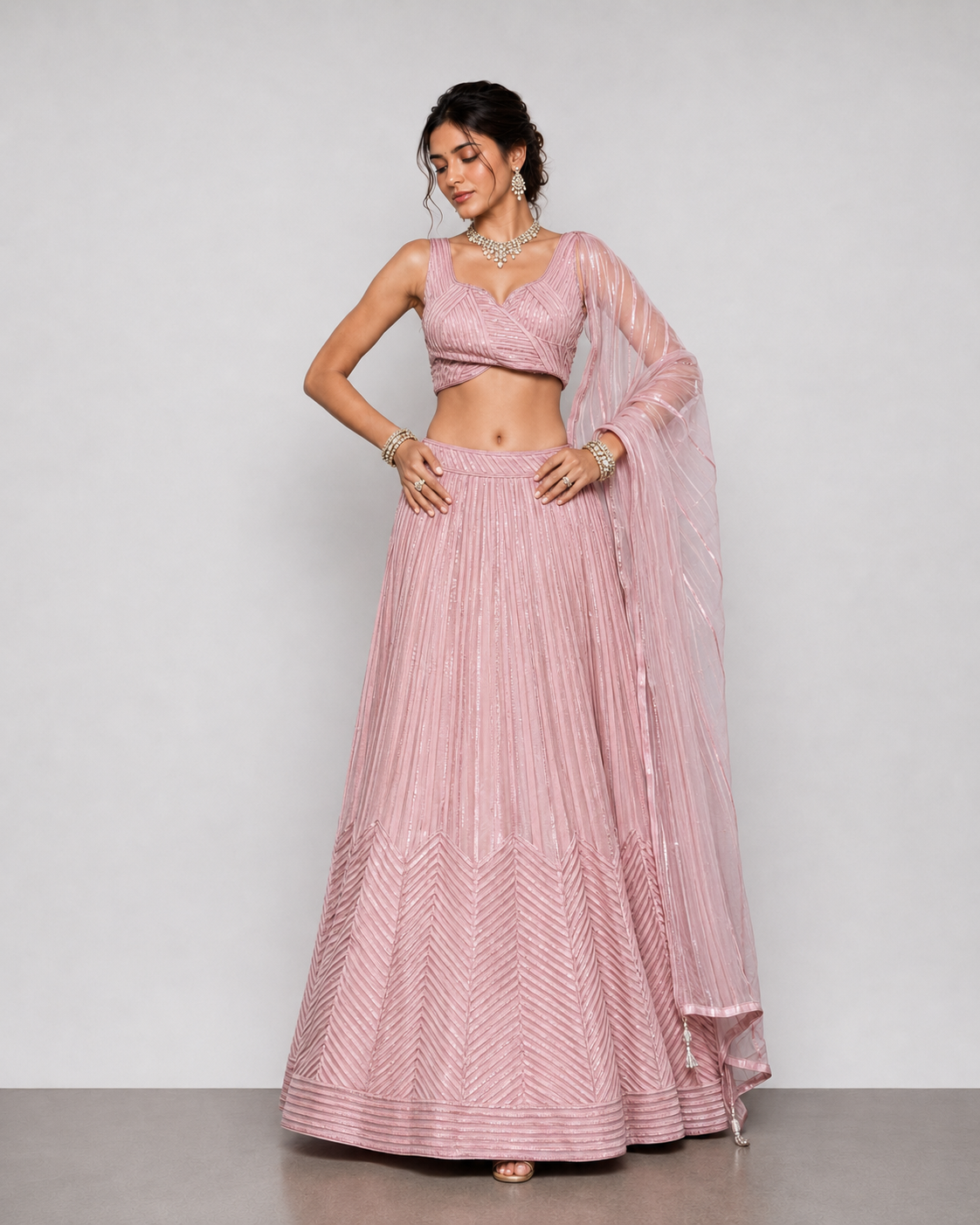 Pink Orgenja with Tisu Lehenga Choli with Leather Work