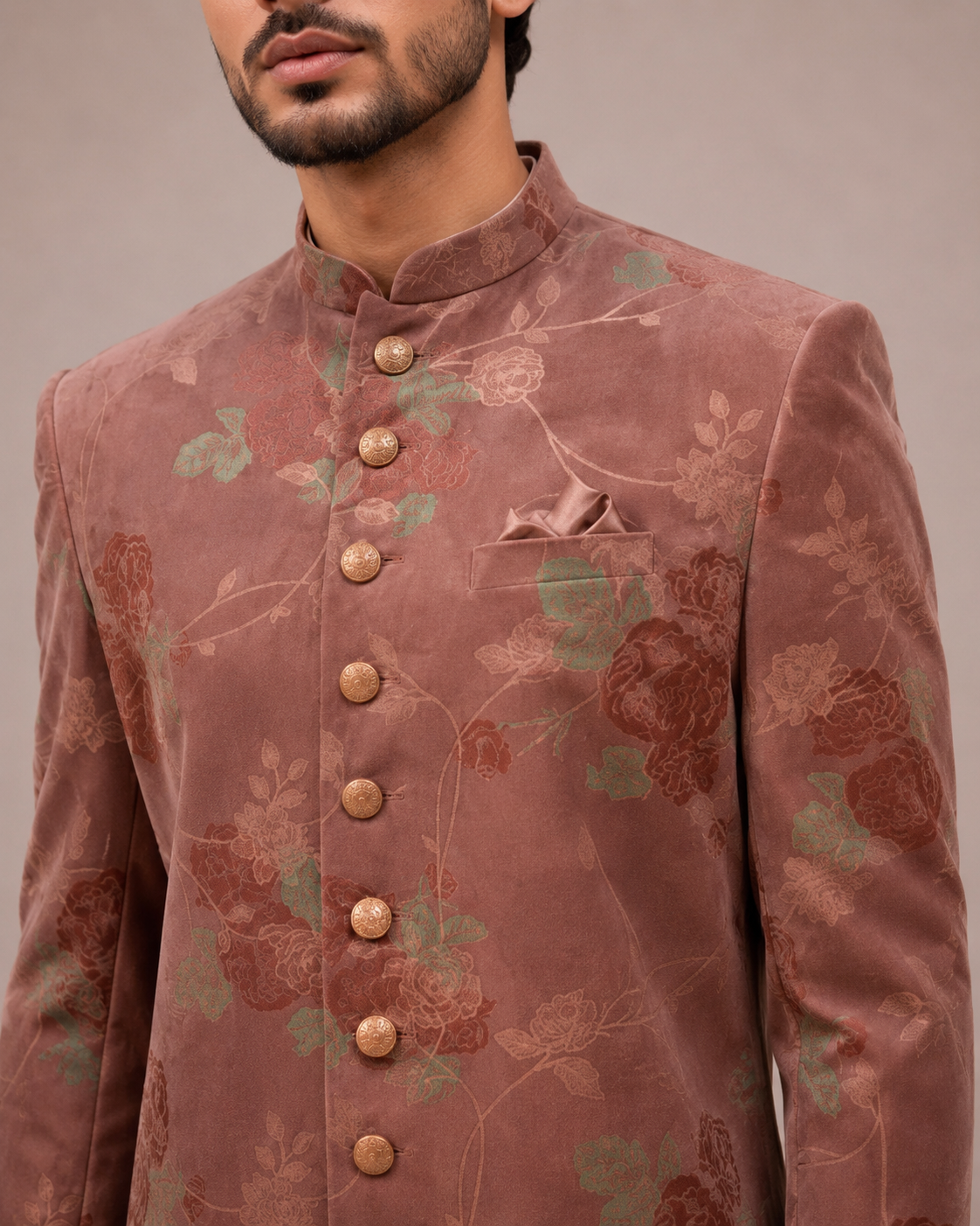 Pink Shade Velvet Indo Western for Men with Print Work