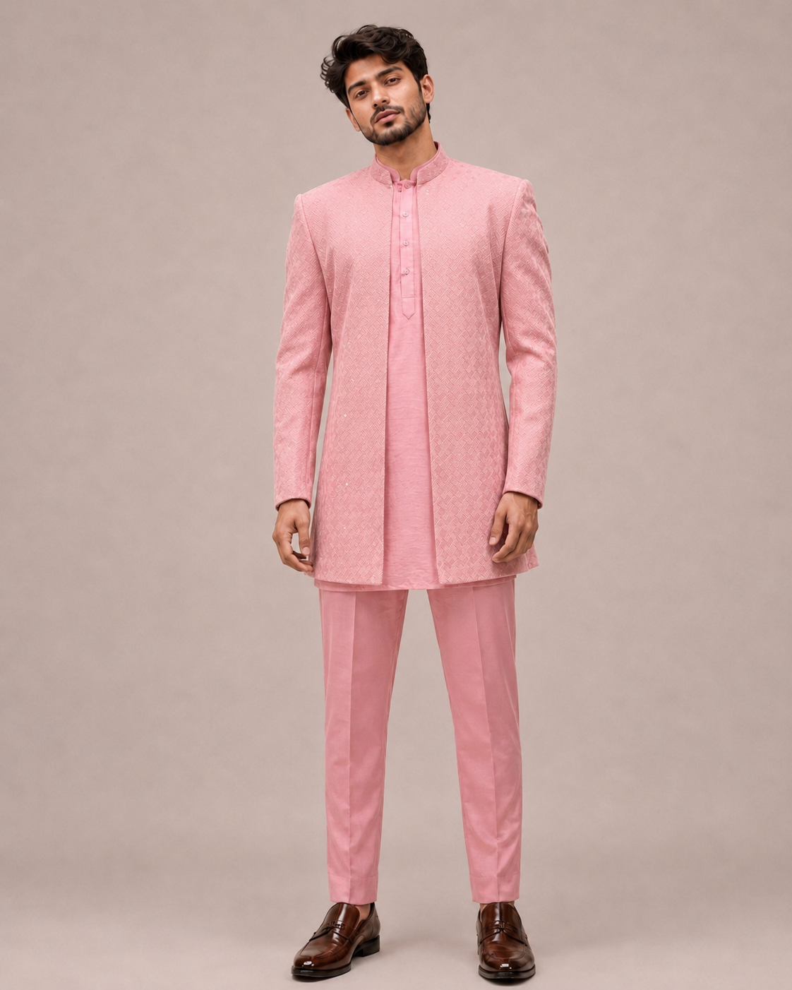 Pink Silk Indo Western with Computer Embroidery and Thread Work