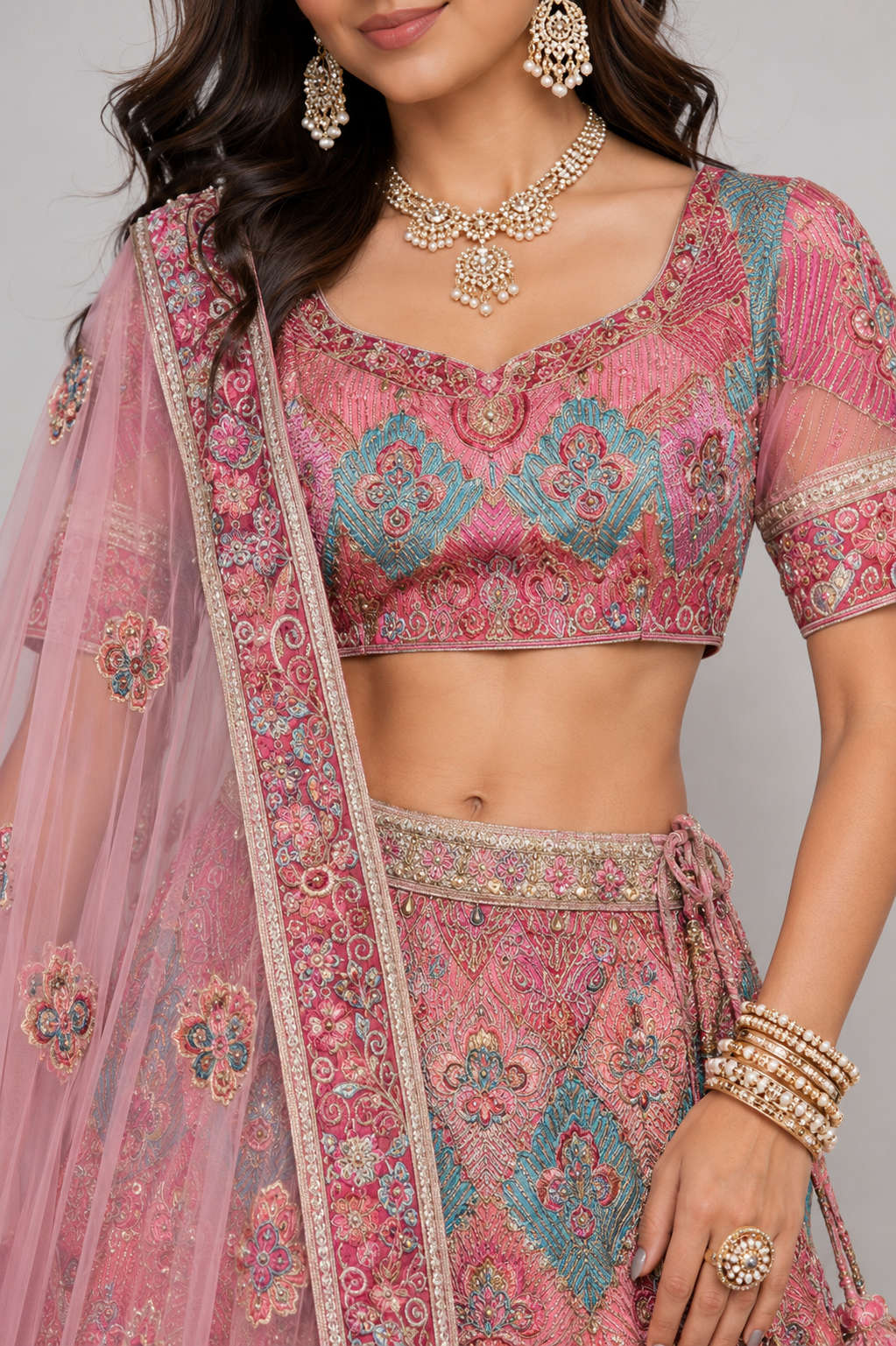 Pink Silk Lehenga Choli with Moti, Resham, and Jardoshi Work