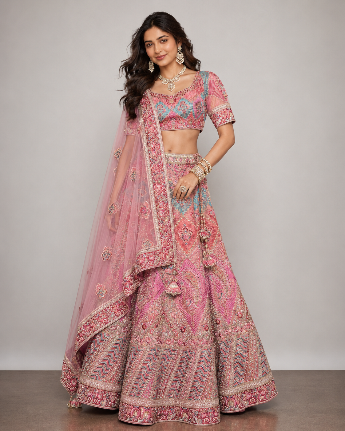 Pink Silk Lehenga Choli with Moti, Resham, and Jardoshi Work