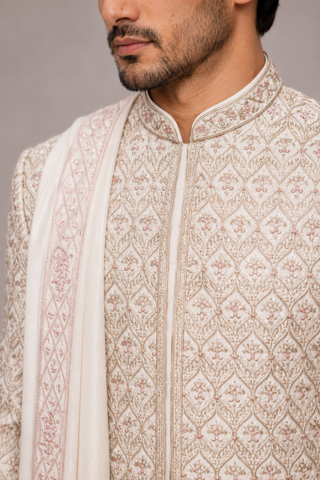 Pink Silk Sherwani with Hand Work