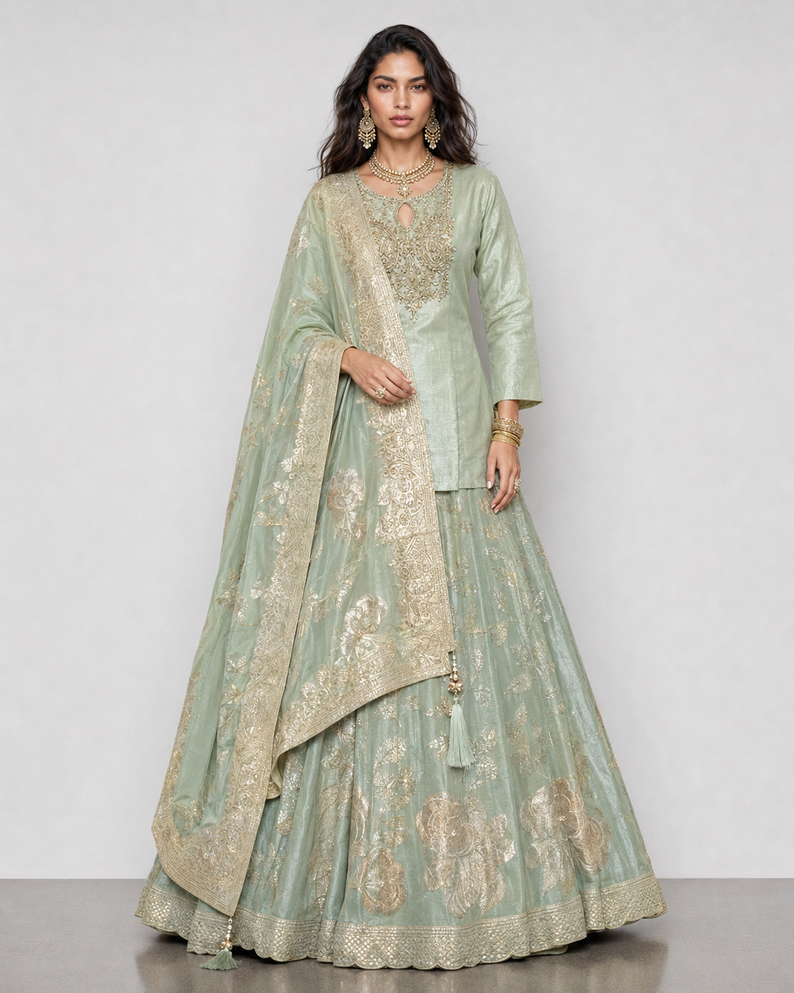 Pista Green Tissue Silk Lehenga Choli with Zardozi, Moti and Resham Work