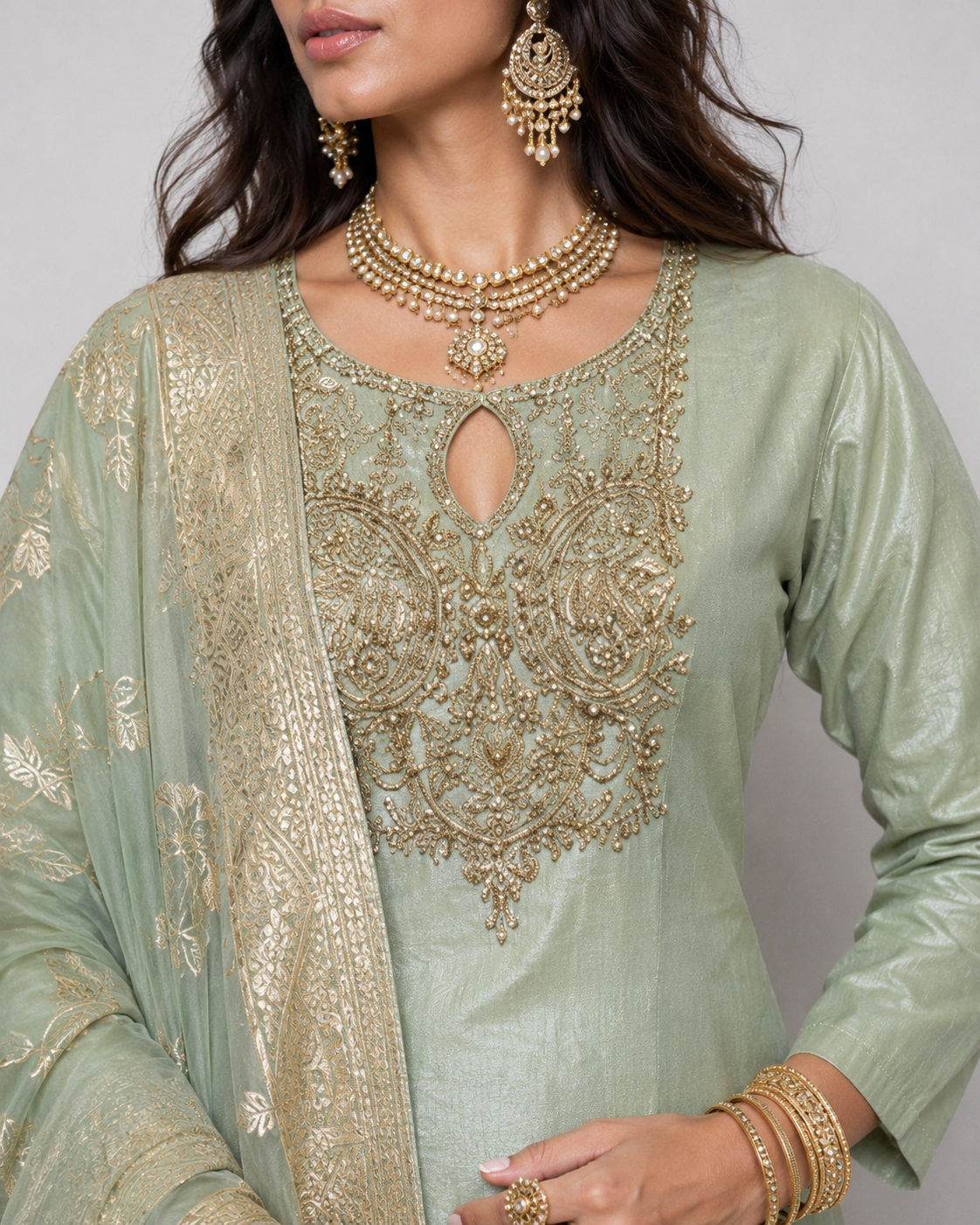 Pista Green Tissue Silk Lehenga Choli with Zardozi, Moti and Resham Work