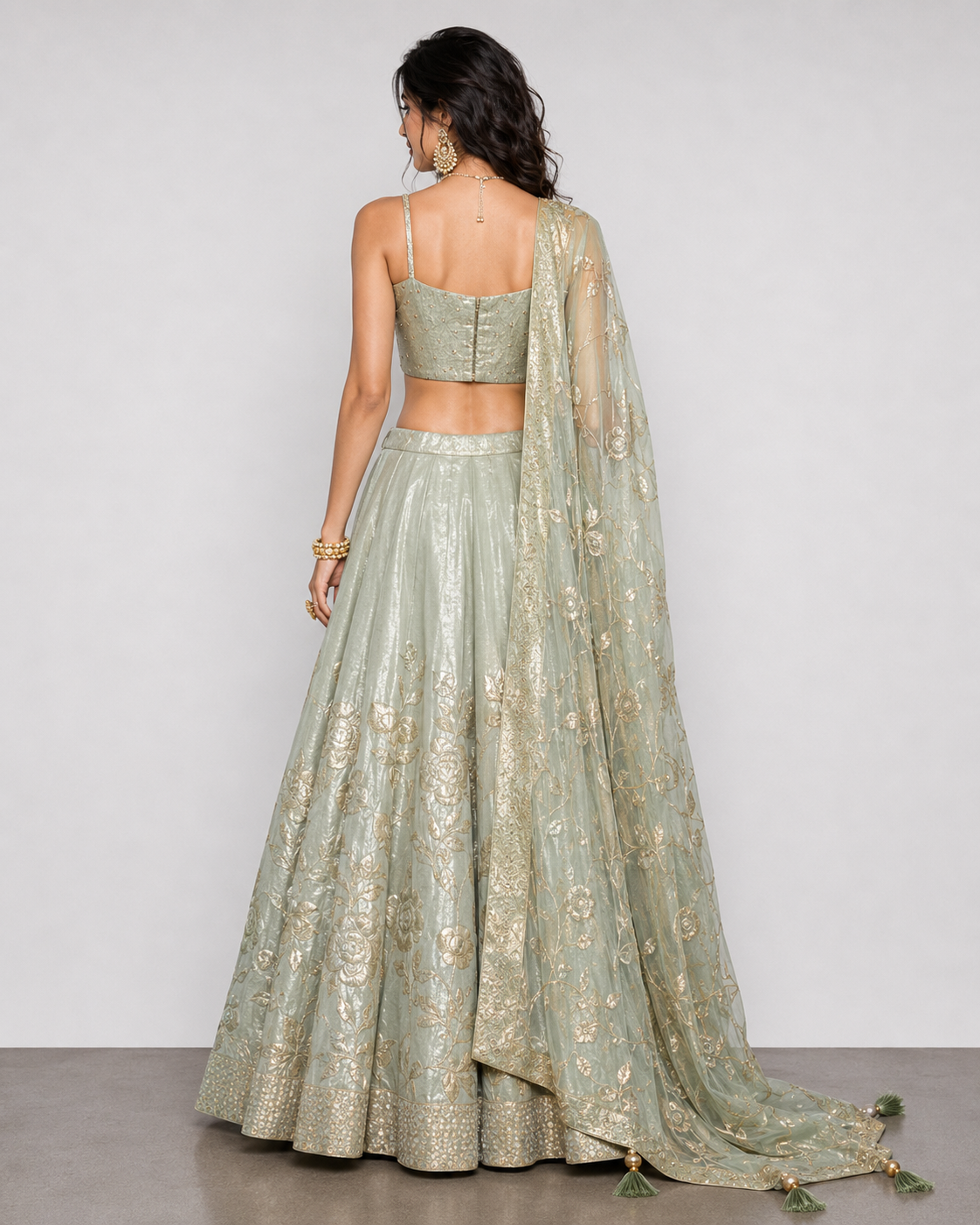 Pista Tissue Silk Choli with Zardozi Pal Work and Floral Print