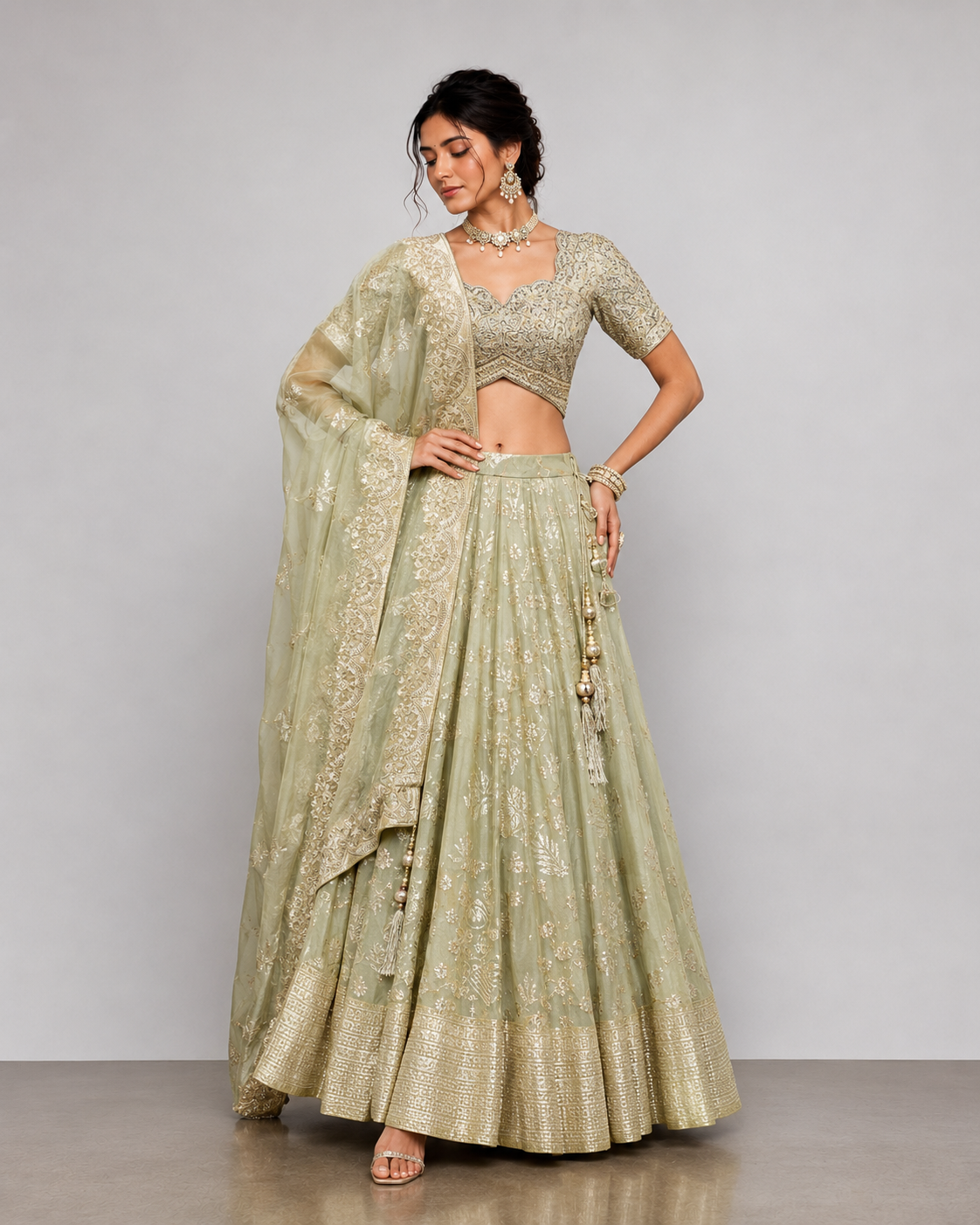 Pista Tissue Silk Choli with Zardozi Resham and Kasab Work