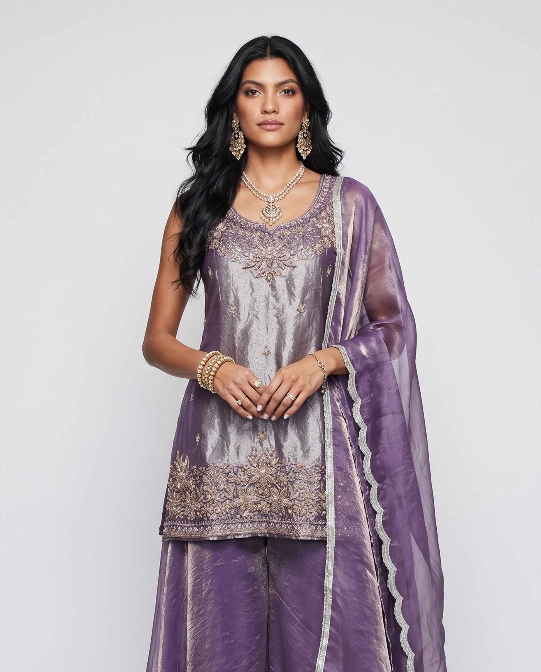 Purple Tissue Silk Indo Western with Moti Sequence Cutdana and Organza Work