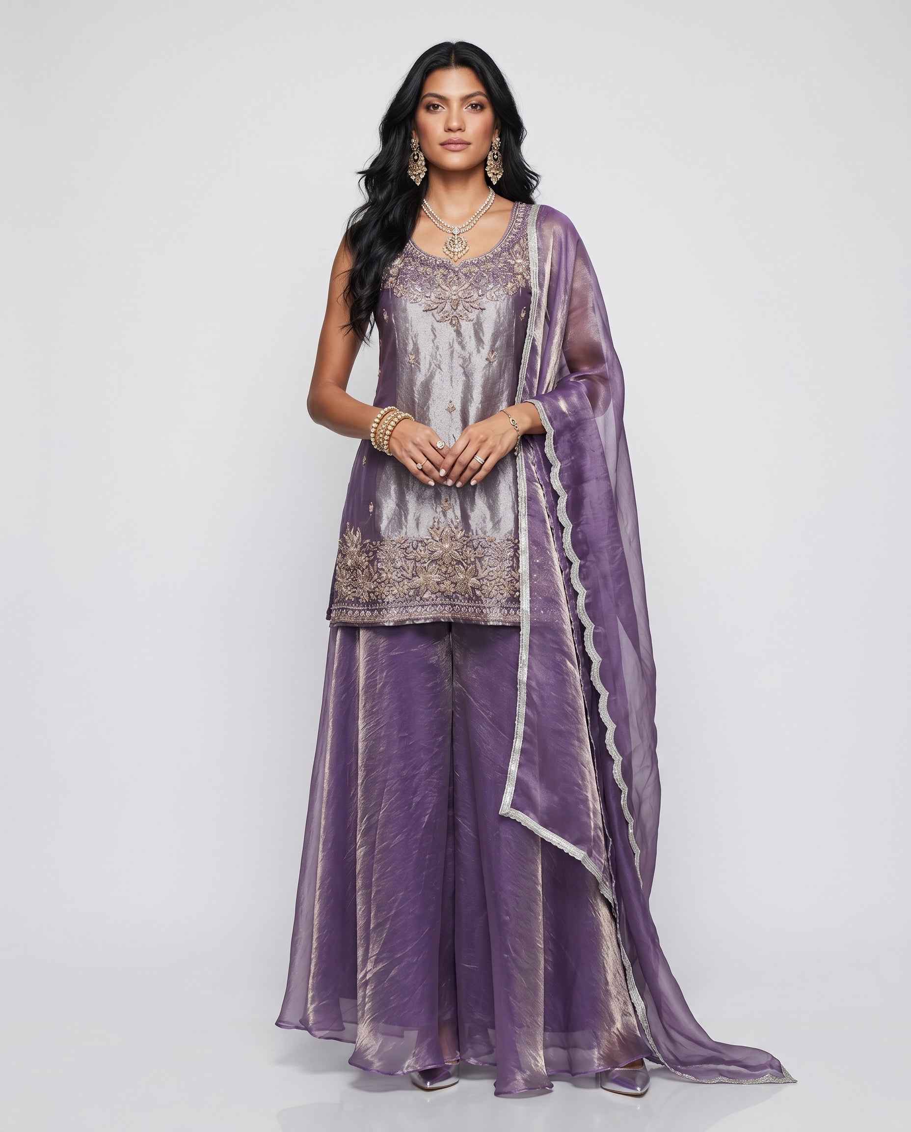 Purple Tissue Silk Indo Western with Moti Sequence Cutdana and Organza Work