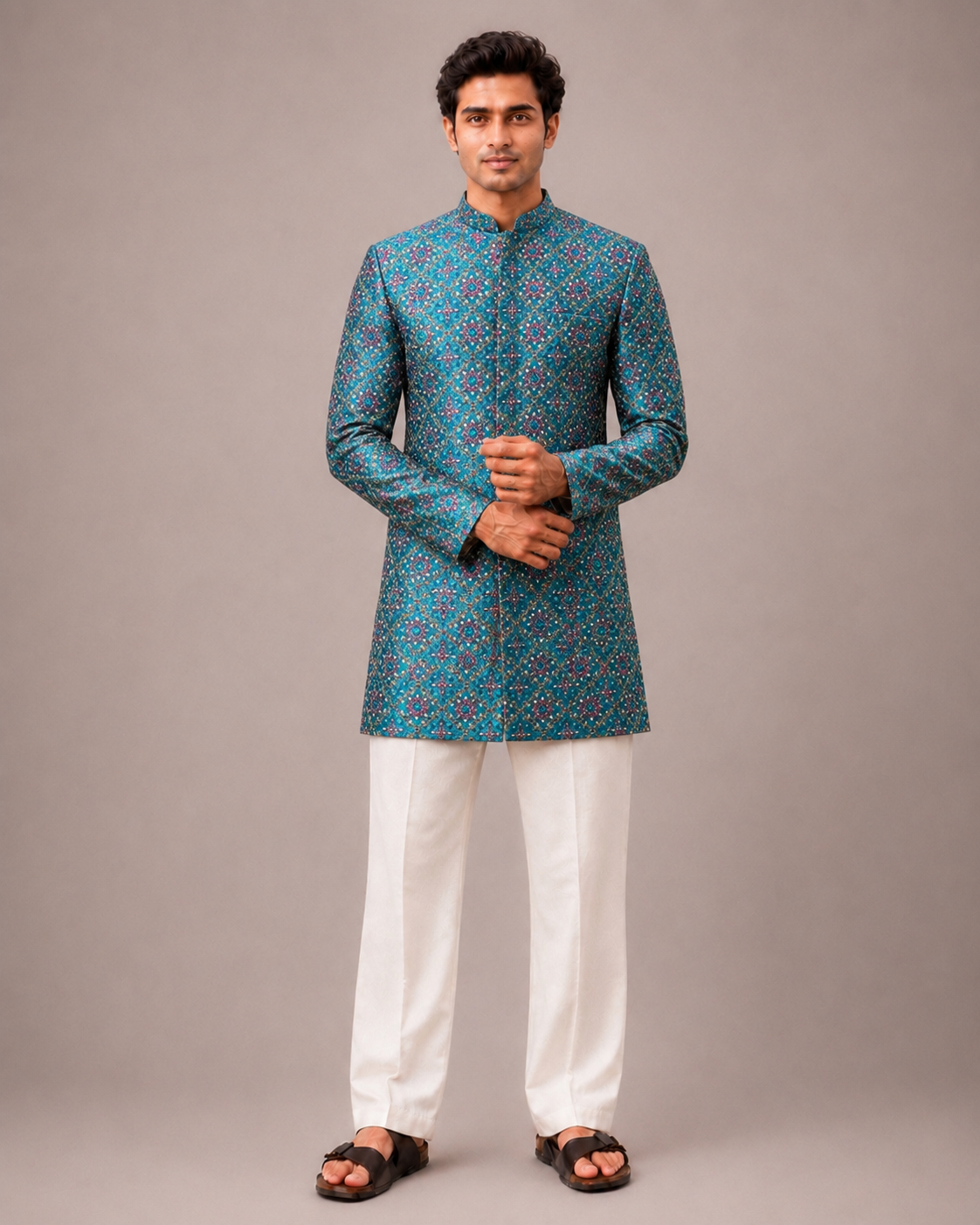 Rama Green Art Silk Indo Western for Men with Machine Work