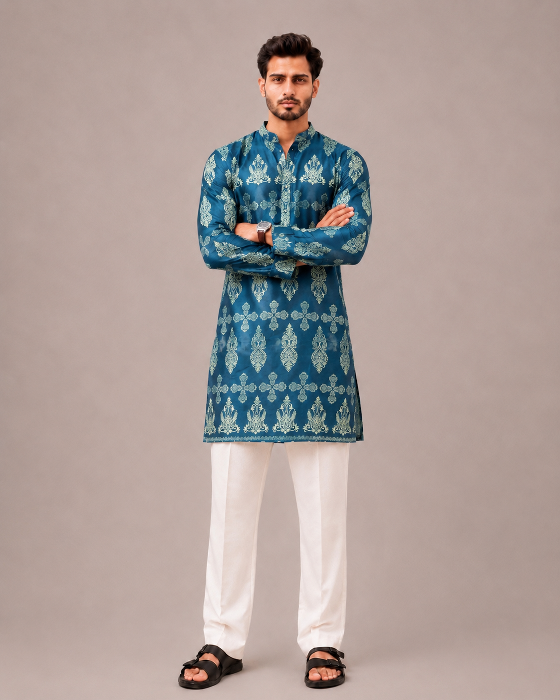 Rama Green Silk Kurta Set with Print Work