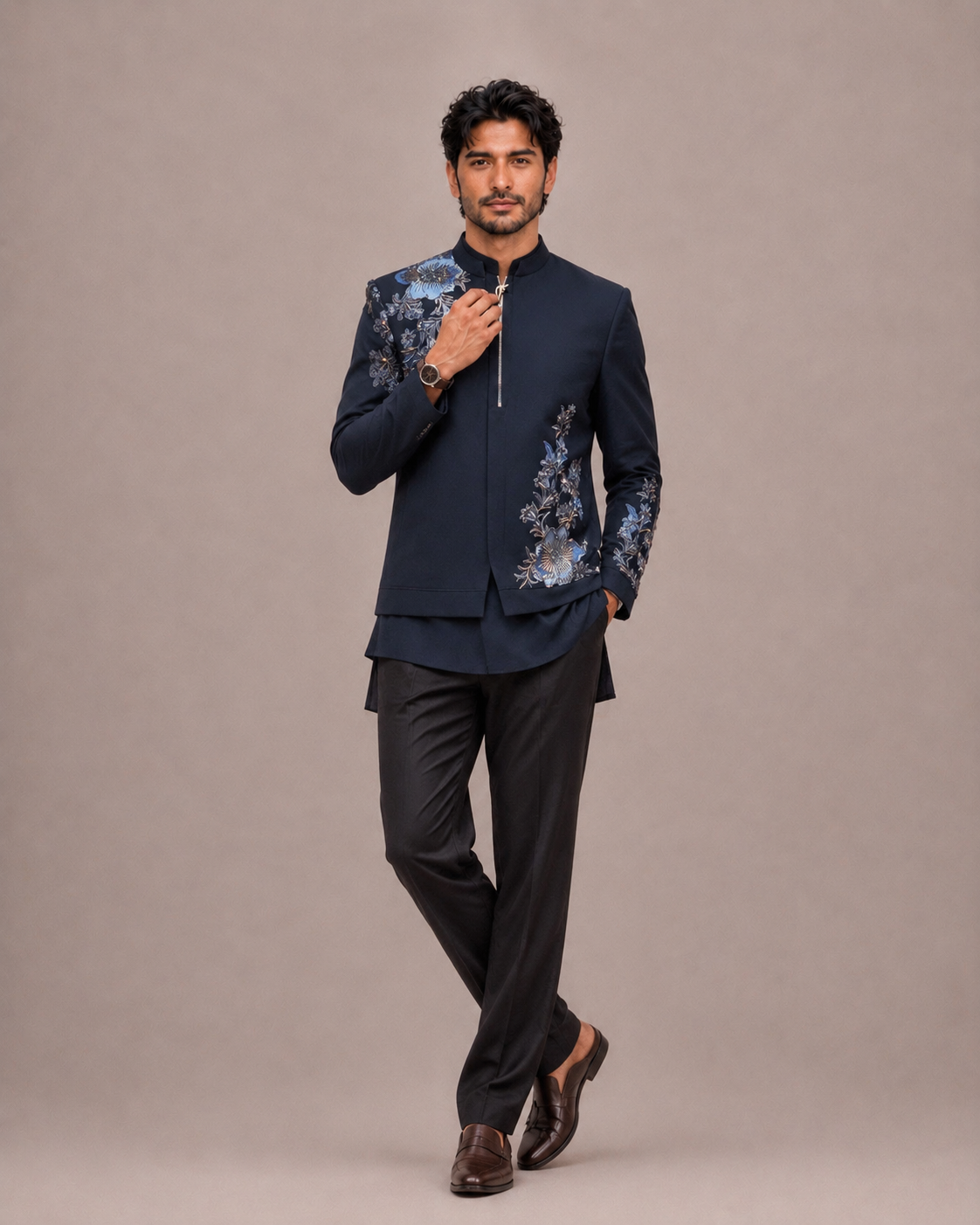Rama Korean Fabric Jodhpuri Suit with Hand Print and Hand Work