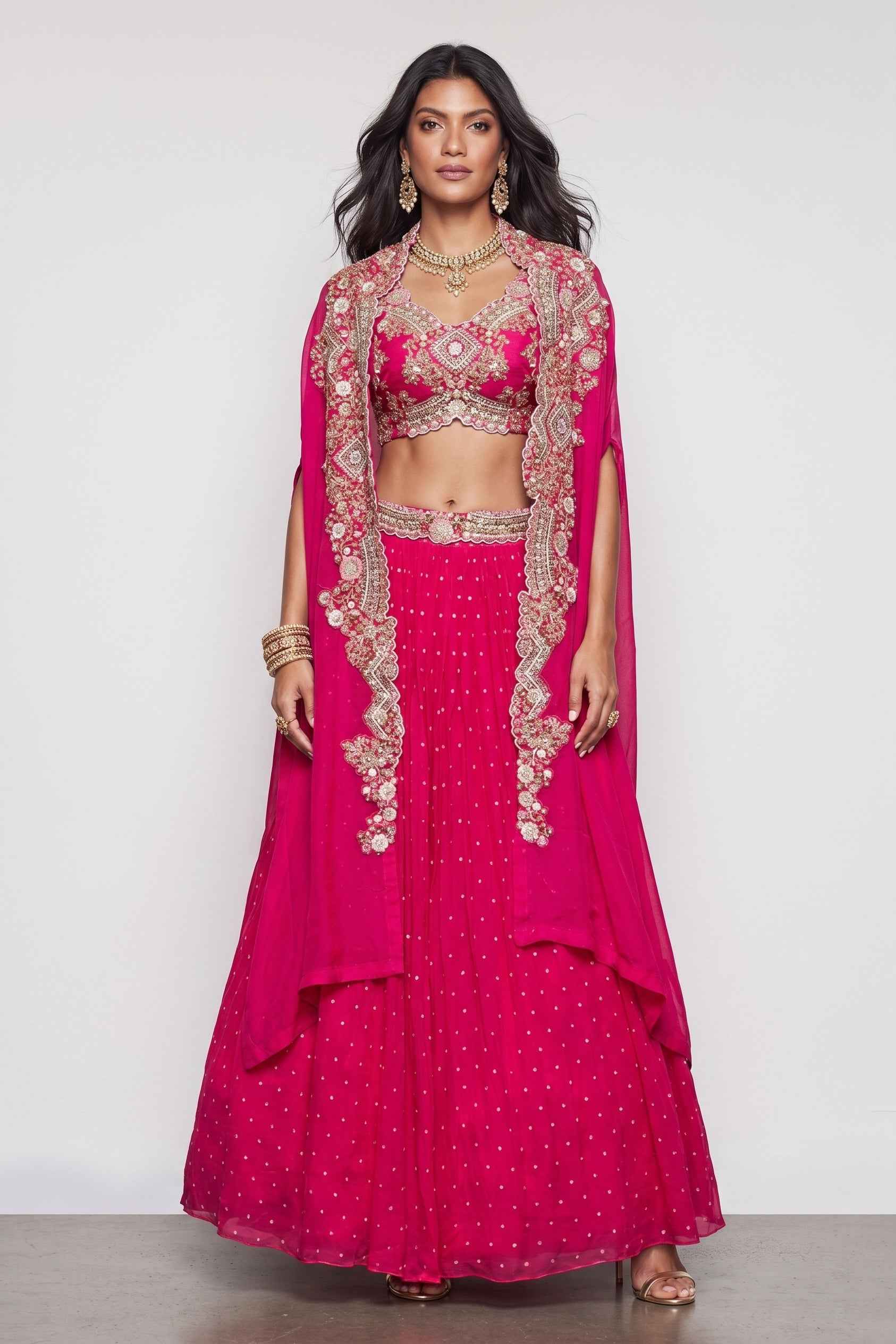 Rani Pink Organza Georgette Indo Western with Moti Resham and Hand Work