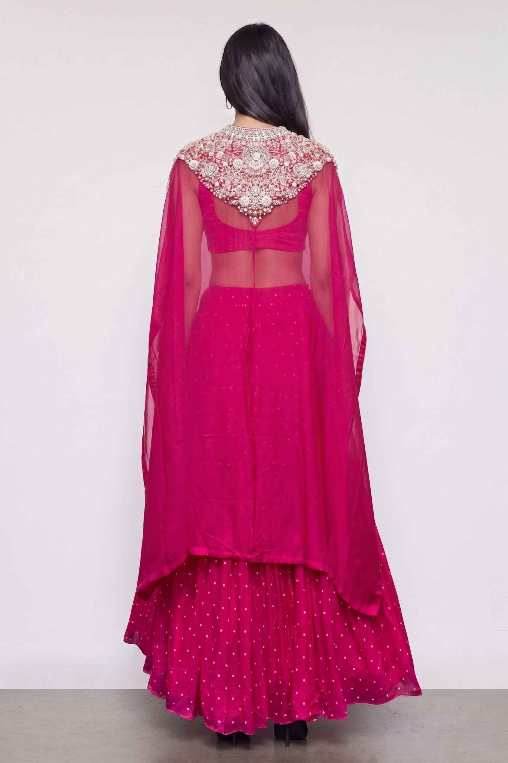 Rani Pink Organza Georgette Indo Western with Moti Resham and Hand Work
