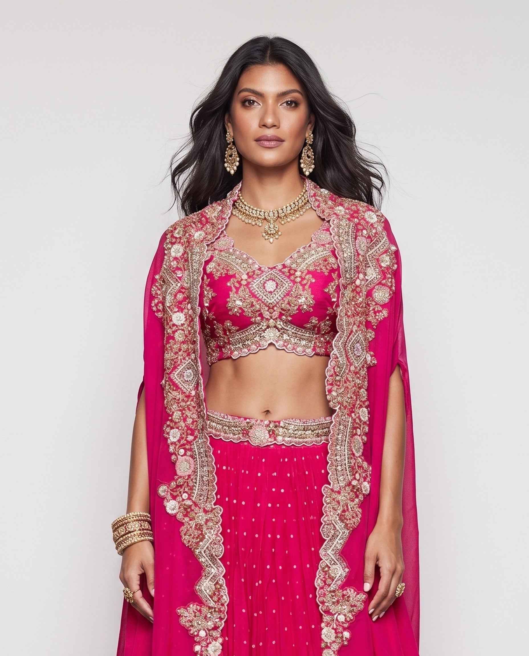 Rani Pink Organza Georgette Indo Western with Moti Resham and Hand Work