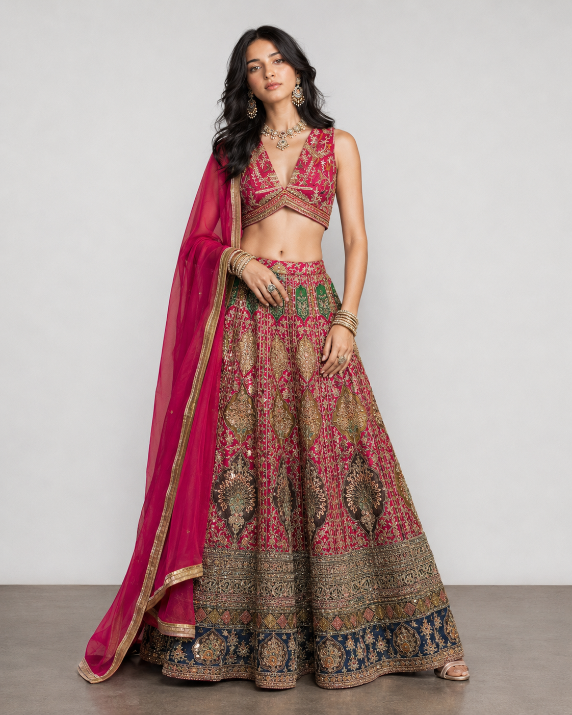 Rani Crap Silk Lehenga Choli with Jardoshi, Reshan, and Kardana work
