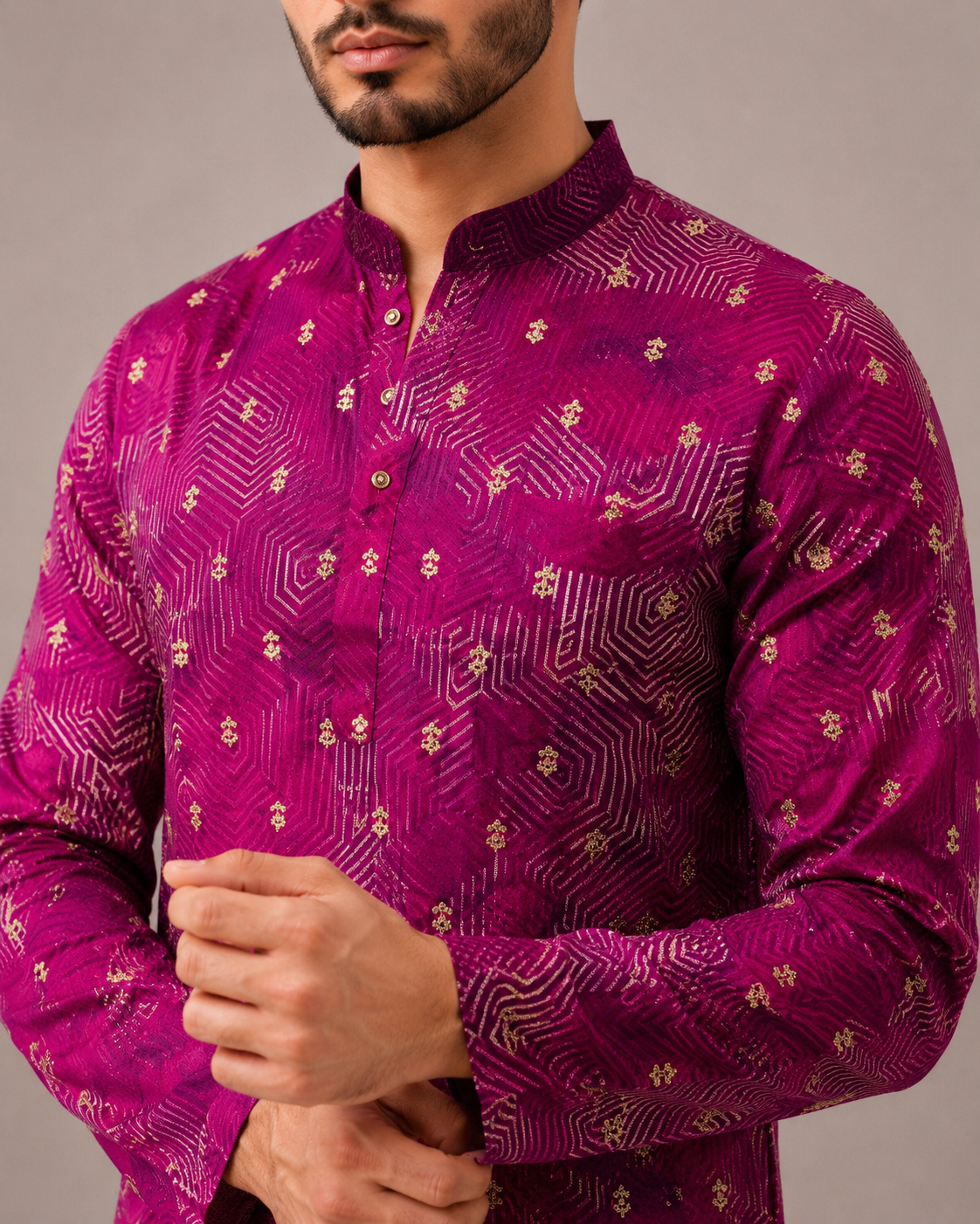 Rani Pink Silk Kurta Set with Machine Work