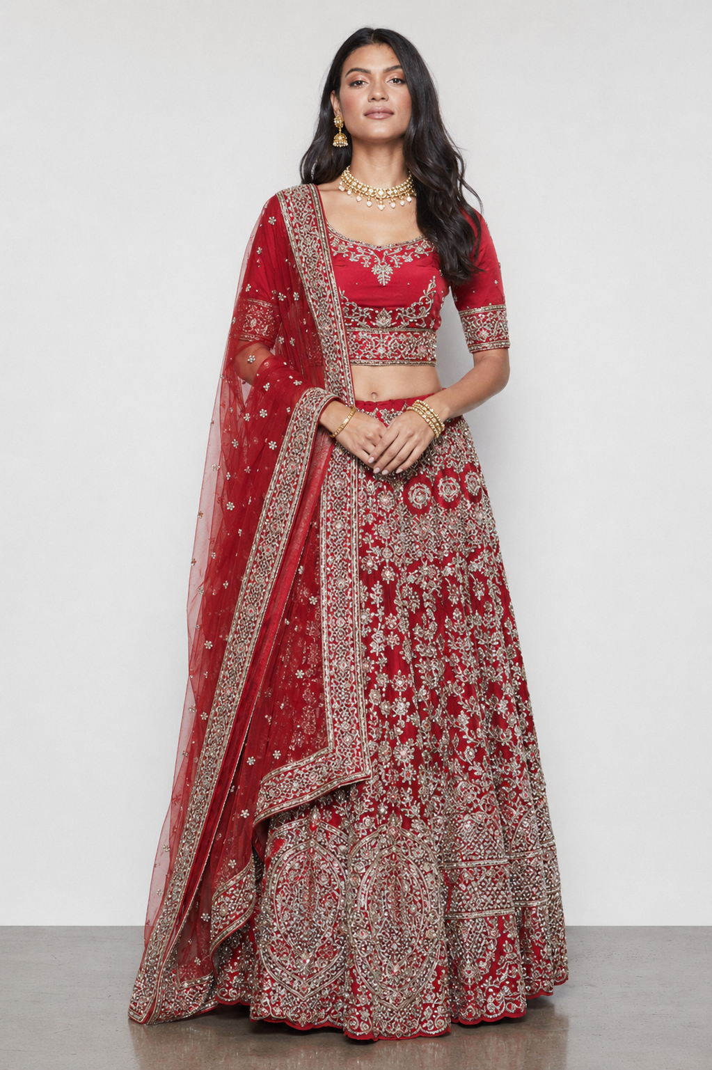Red Butter Crepe Bridal Lehenga with Zardozi, Resham and Moti Work