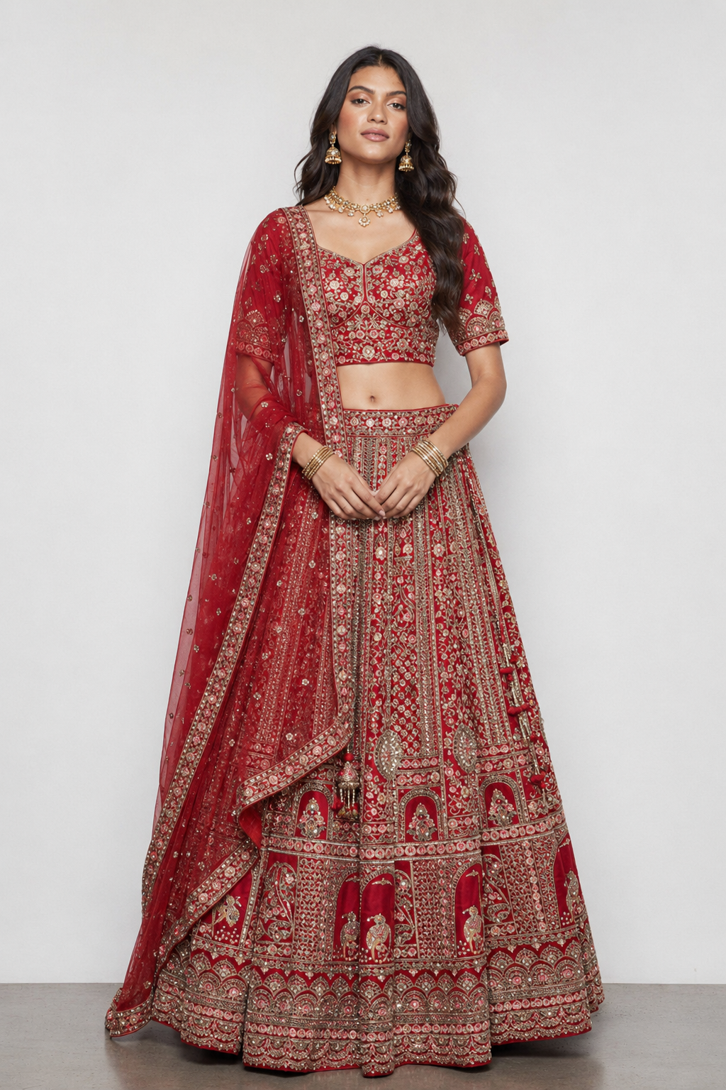 Red Raw Silk Bridal Lehenga with Pure Kasab and Sequins Work