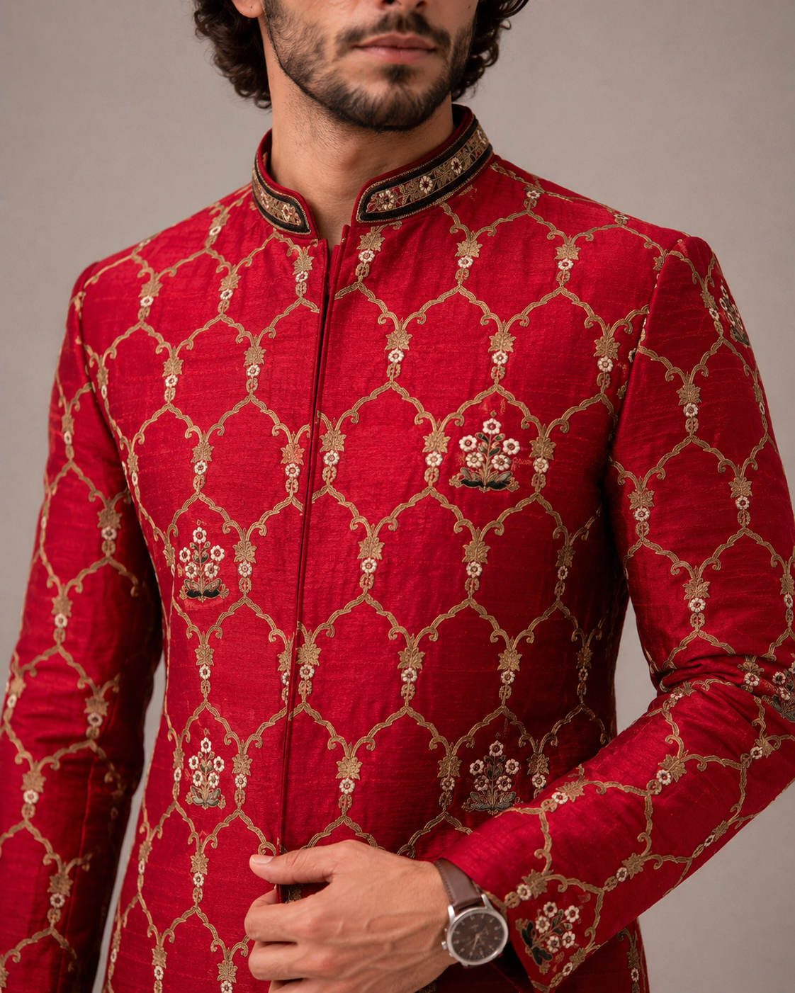Red Raw Silk Sherwani for Men with Hand Work