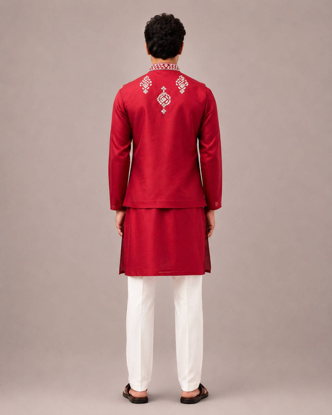 Red Silk Jacket Set with Machine Embroidery and Mirror Work