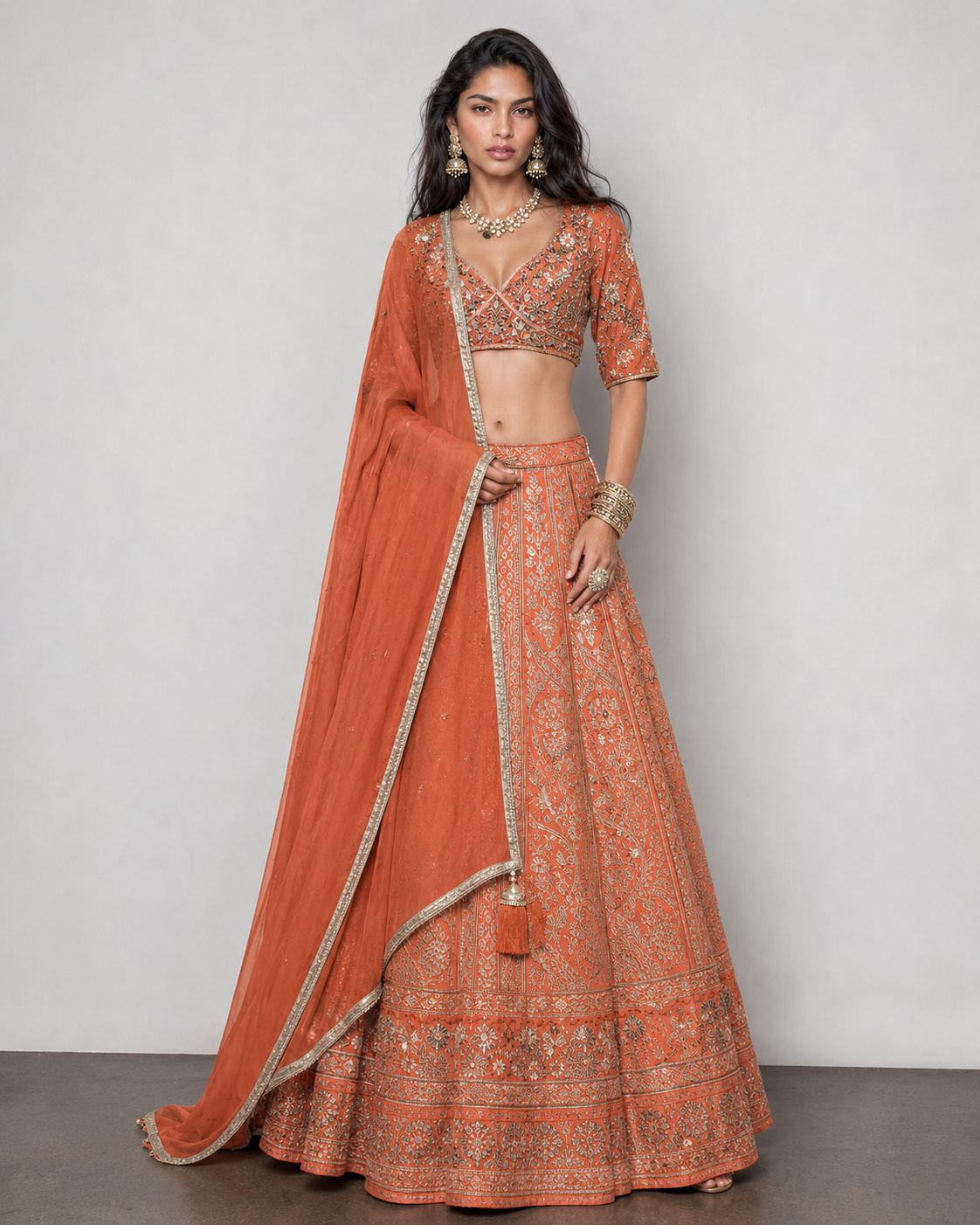 Rust Banarasi Silk Lehenga Choli with Zardozi, Kashab, Moti and Tikki Work