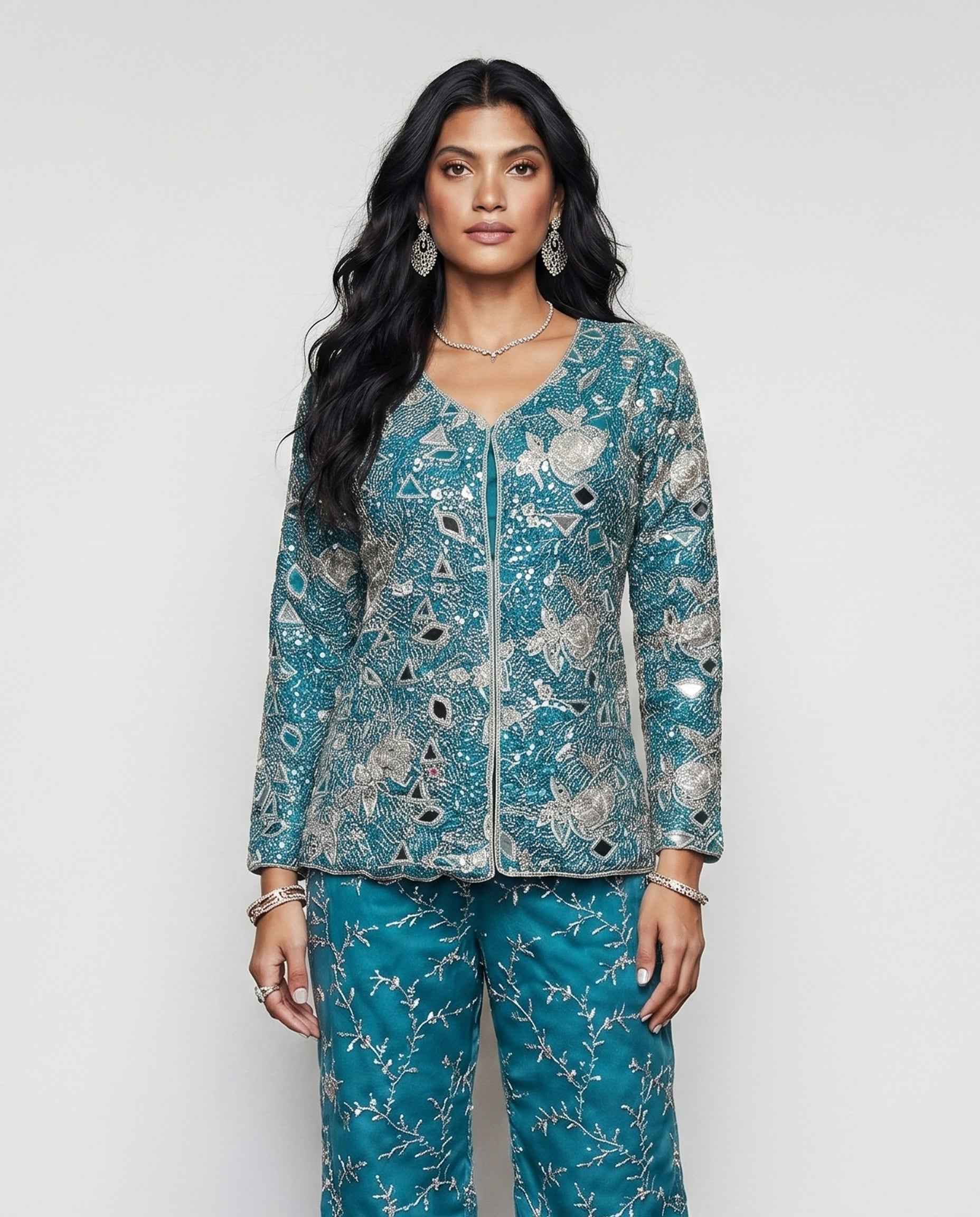 Sky Blue Silk Indo Western with Jaal Work and Cut Work