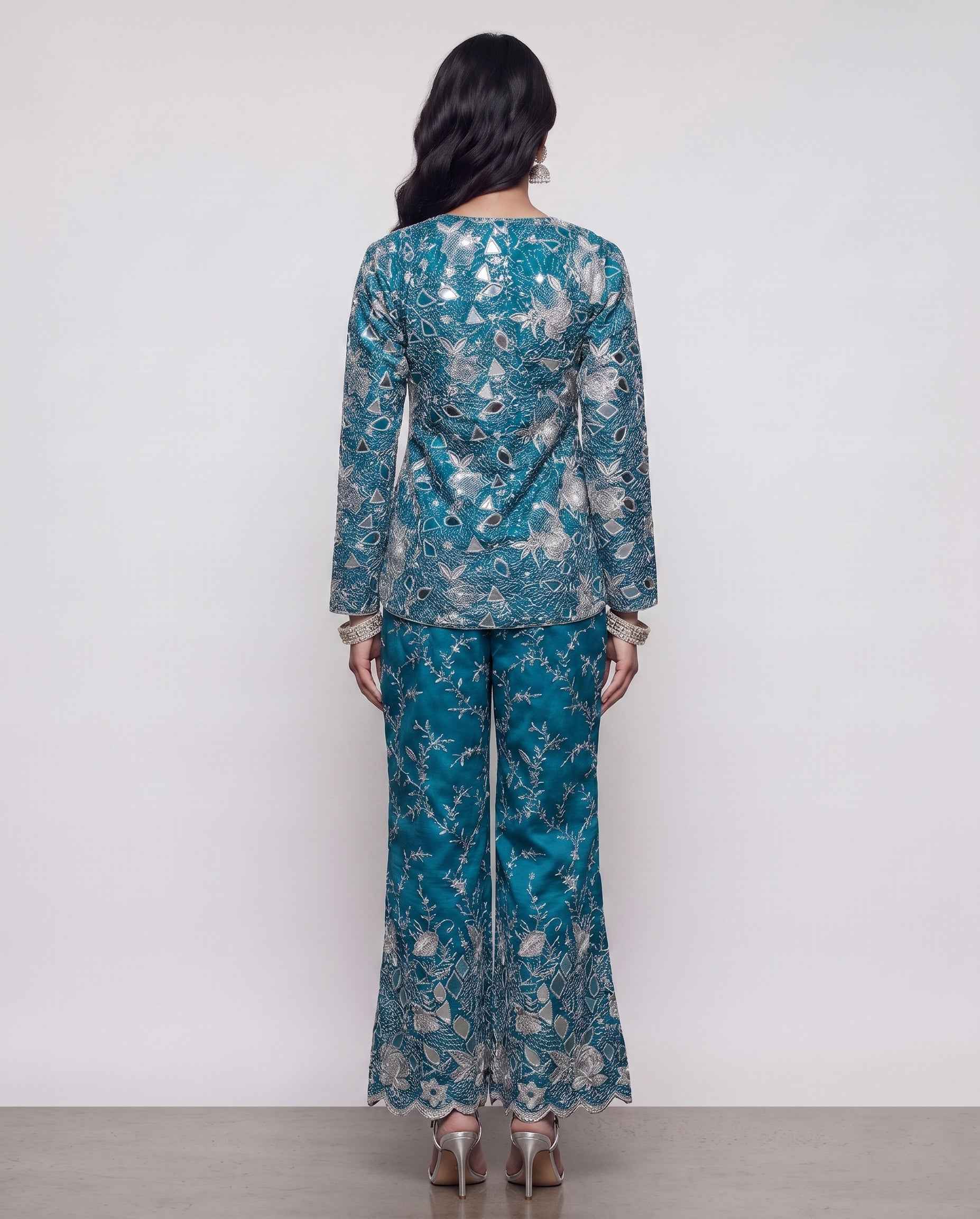 Sky Blue Silk Indo Western with Jaal Work and Cut Work