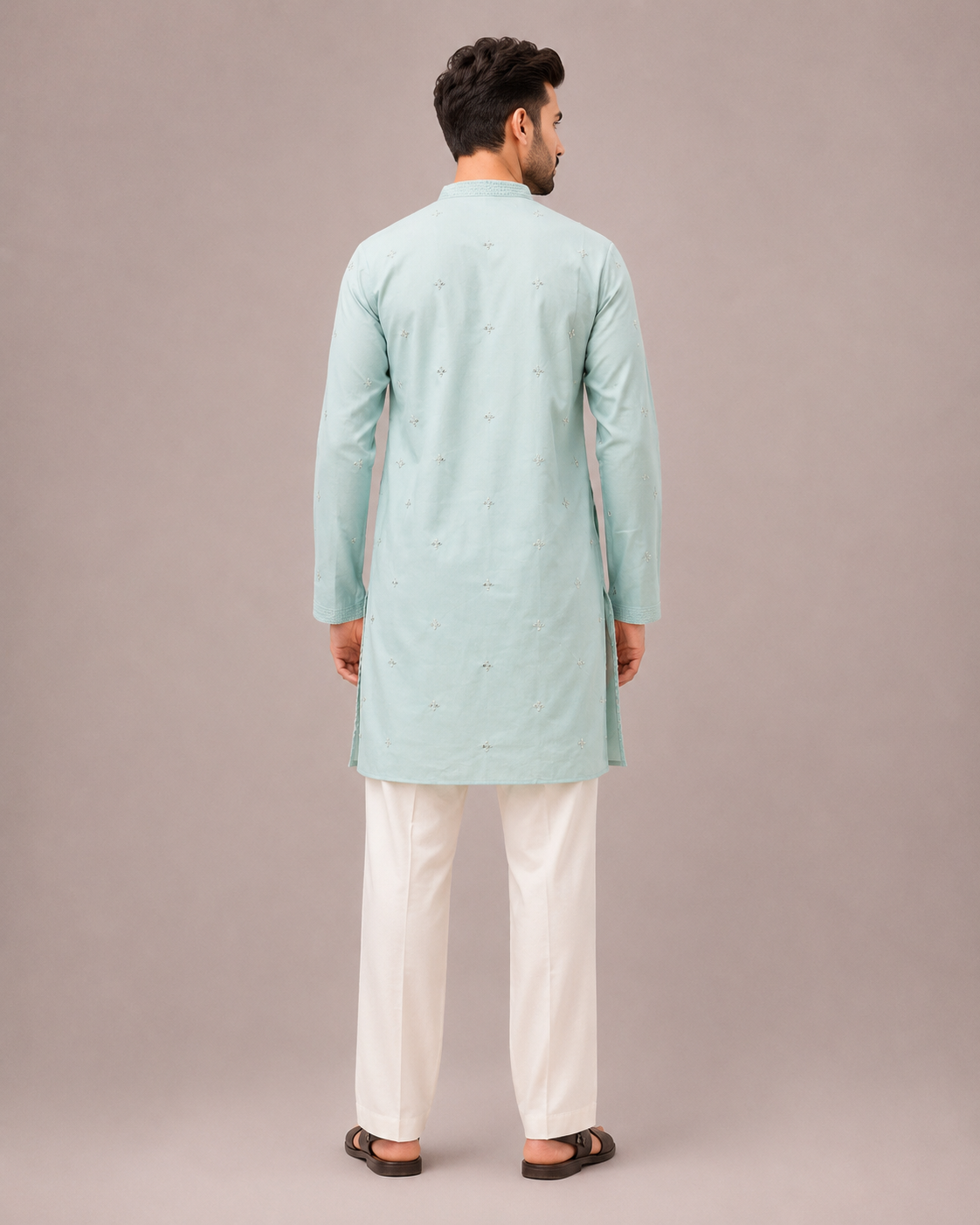 Sky Blue Silk Kurta Set with Hand Mirror and Embroidery Work