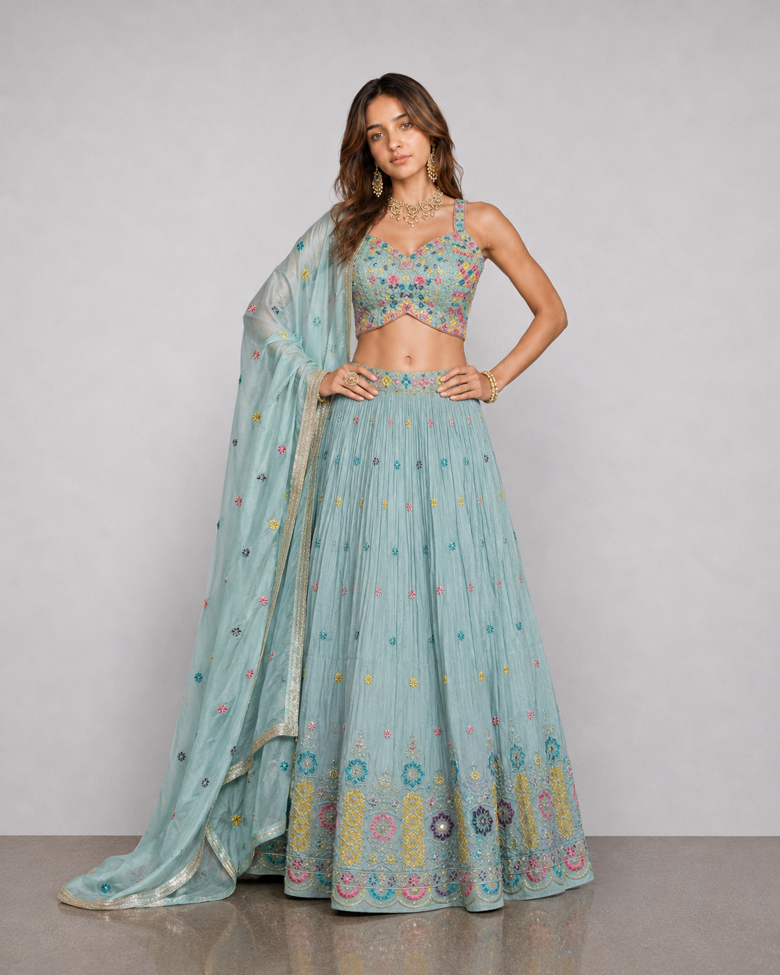 Sky Blue Tissue Silk Lehenga Choli with Moti, Miral and Resham Work