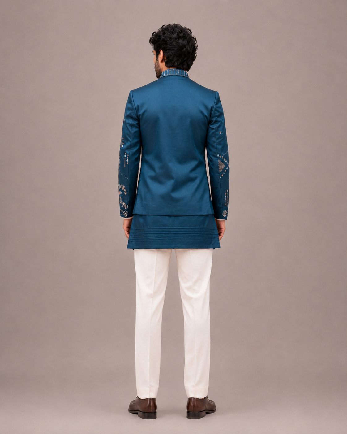 Teal Blue Linen Satin Silk Jodhpuri Suit with Machine Embroidery Work