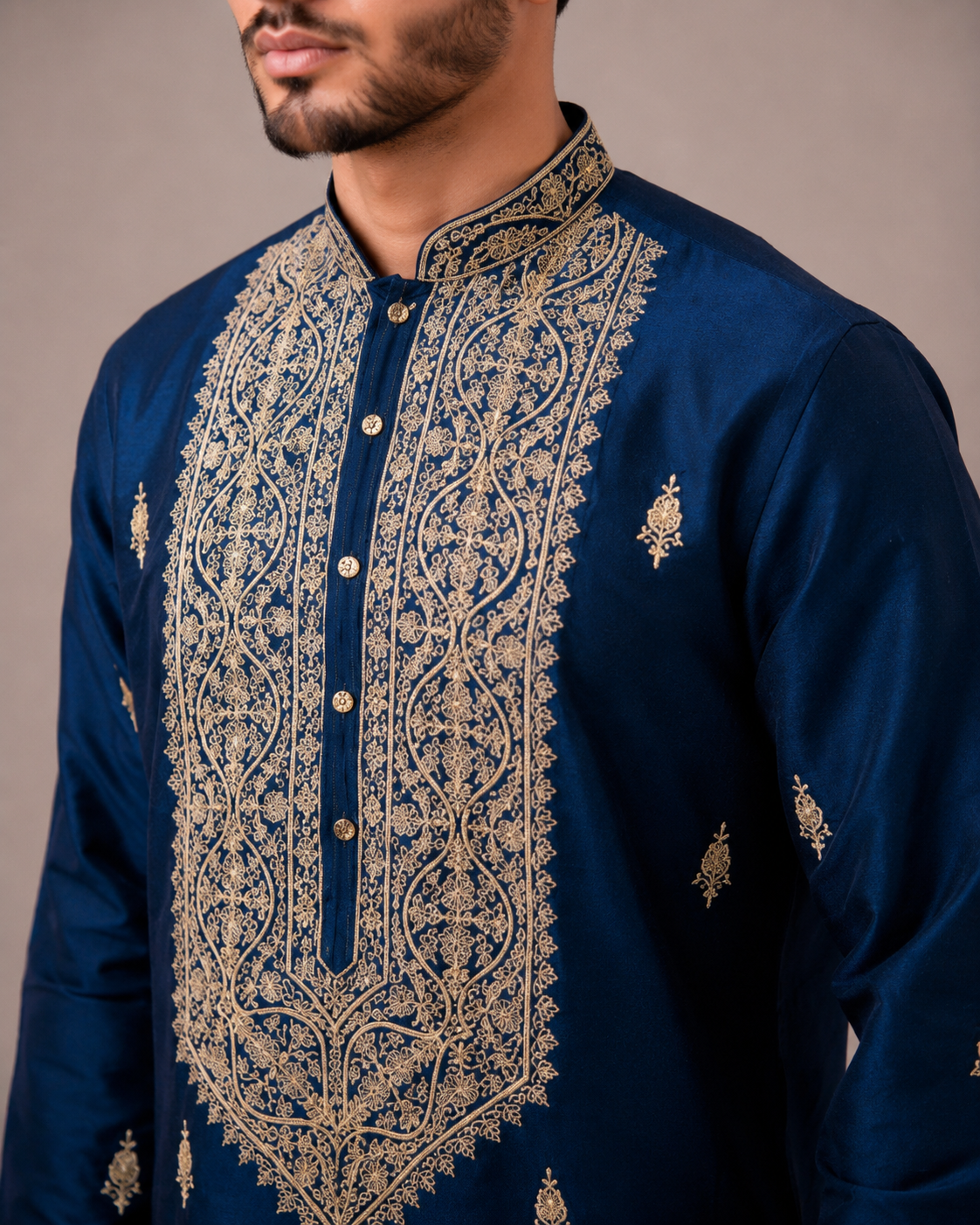 Teal Blue Silk Kurta Set with Hand and Machine Embroidery Work