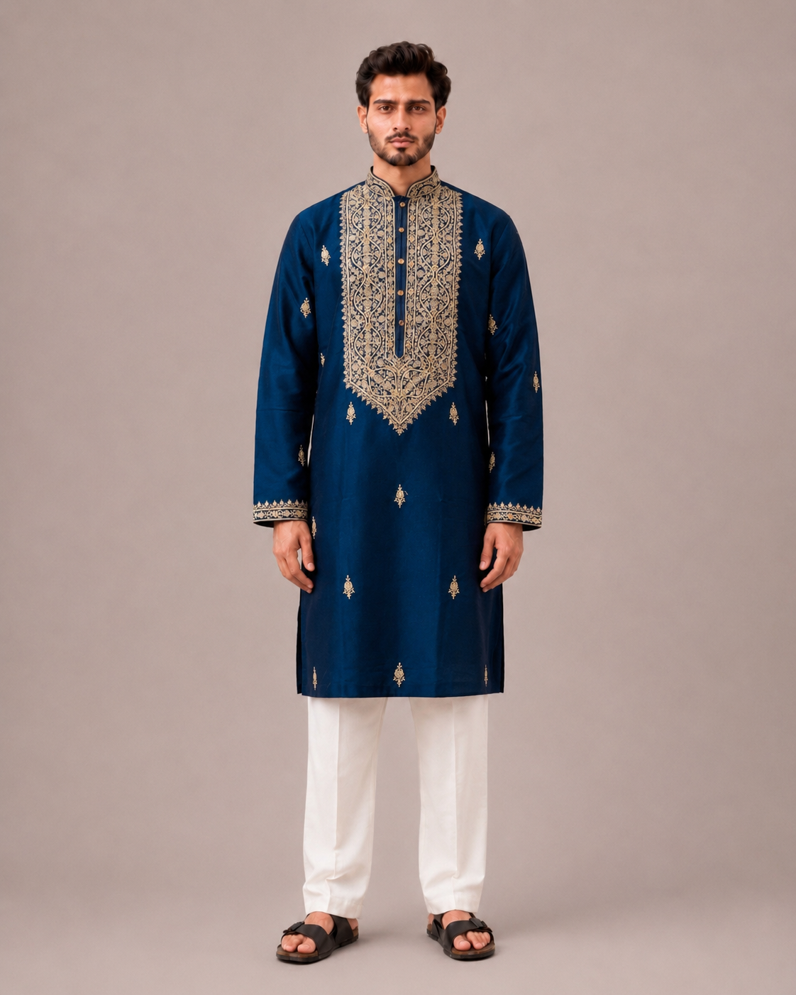 Teal Blue Silk Kurta Set with Hand and Machine Embroidery Work