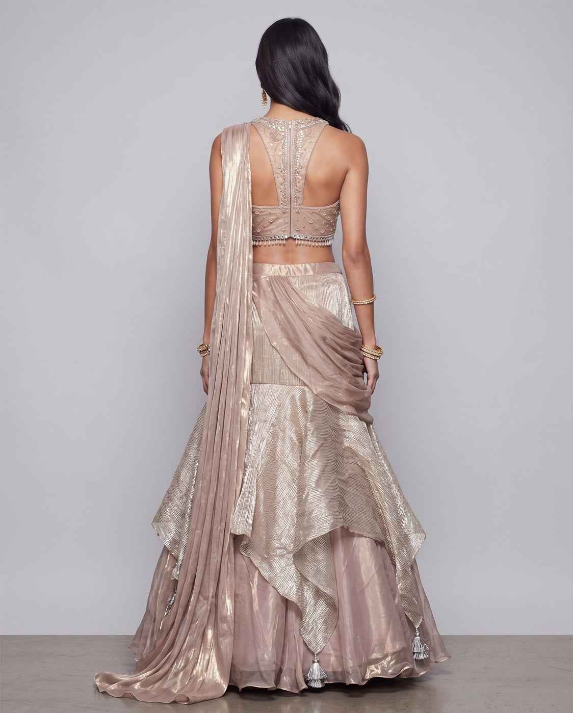 Biscuit Tissue Silk Indo Western Outfit with Mirror Moti and Sequins Work