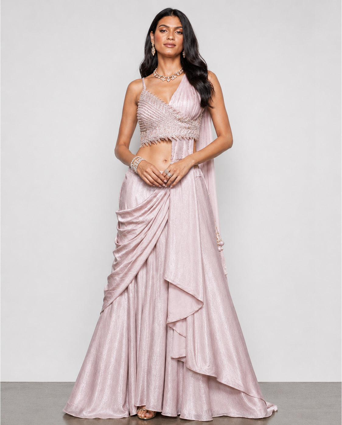 Pink Shimmer Silk Indo Western Dress with Kardana and Cut Work